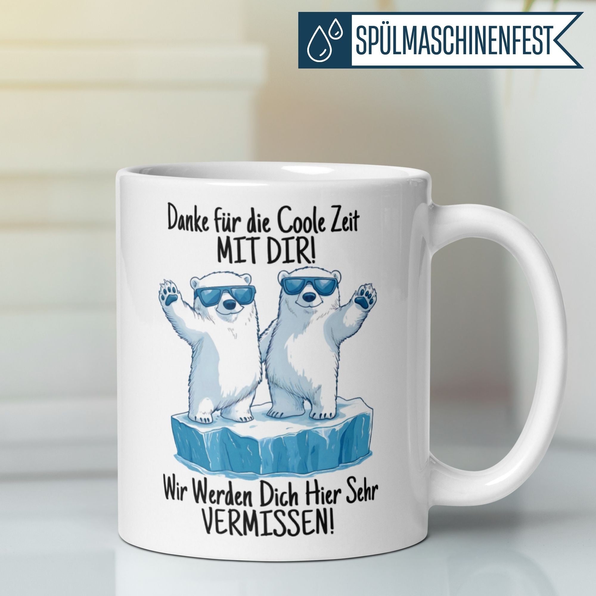 Tasse mit lustigen Eisbären und Spruch "Danke für die coole Zeit mit dir" als Abschiedsgeschenk.