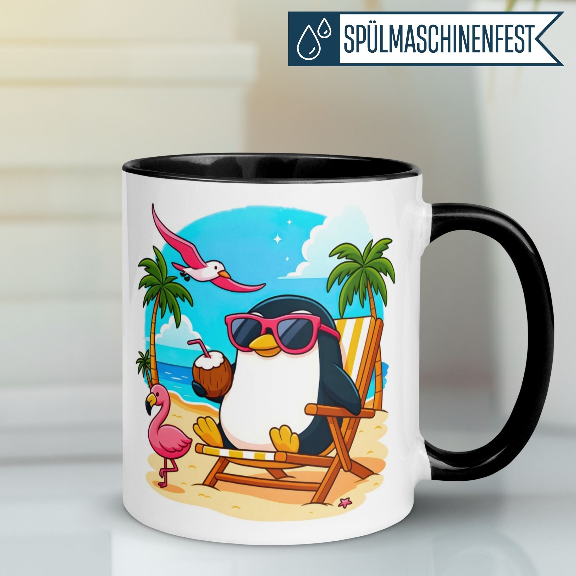 Pinguin Tasse | Chilliger Pinguin am Strand – Bleib cool