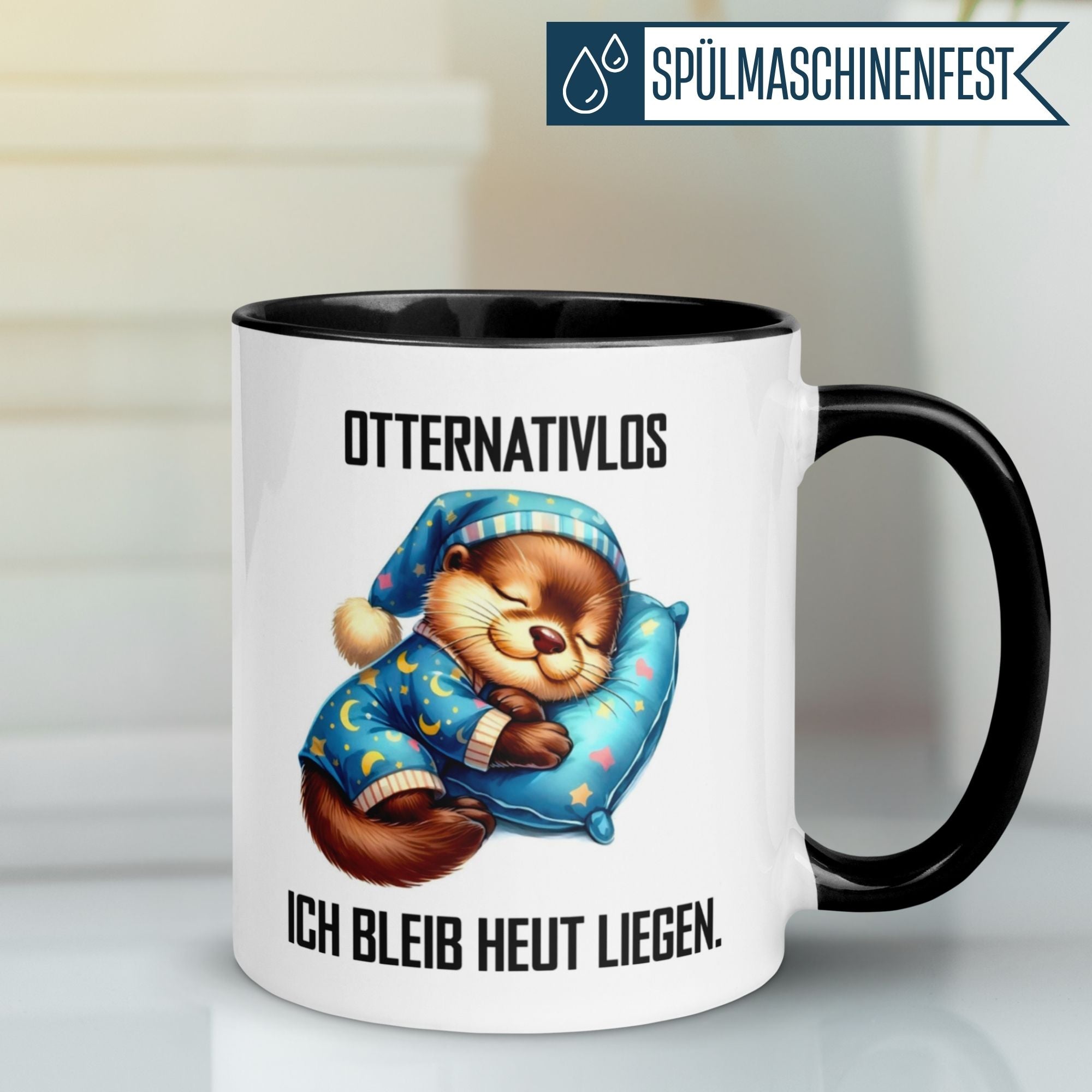 Momentals® Mug with sleeping otter, slogan "OTTERNATIVLOS: Ich bleib heut liegen" for cozy mornings.
