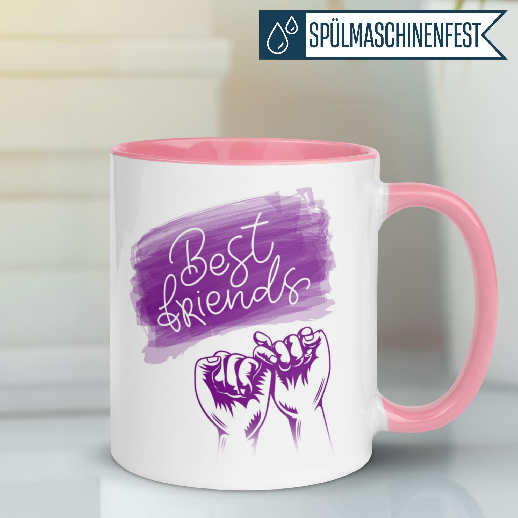 Momentals® Tasse mit Pinky Promise für beste Freunde in lila und pink, perfekt für Freundschaftsgeschenke.