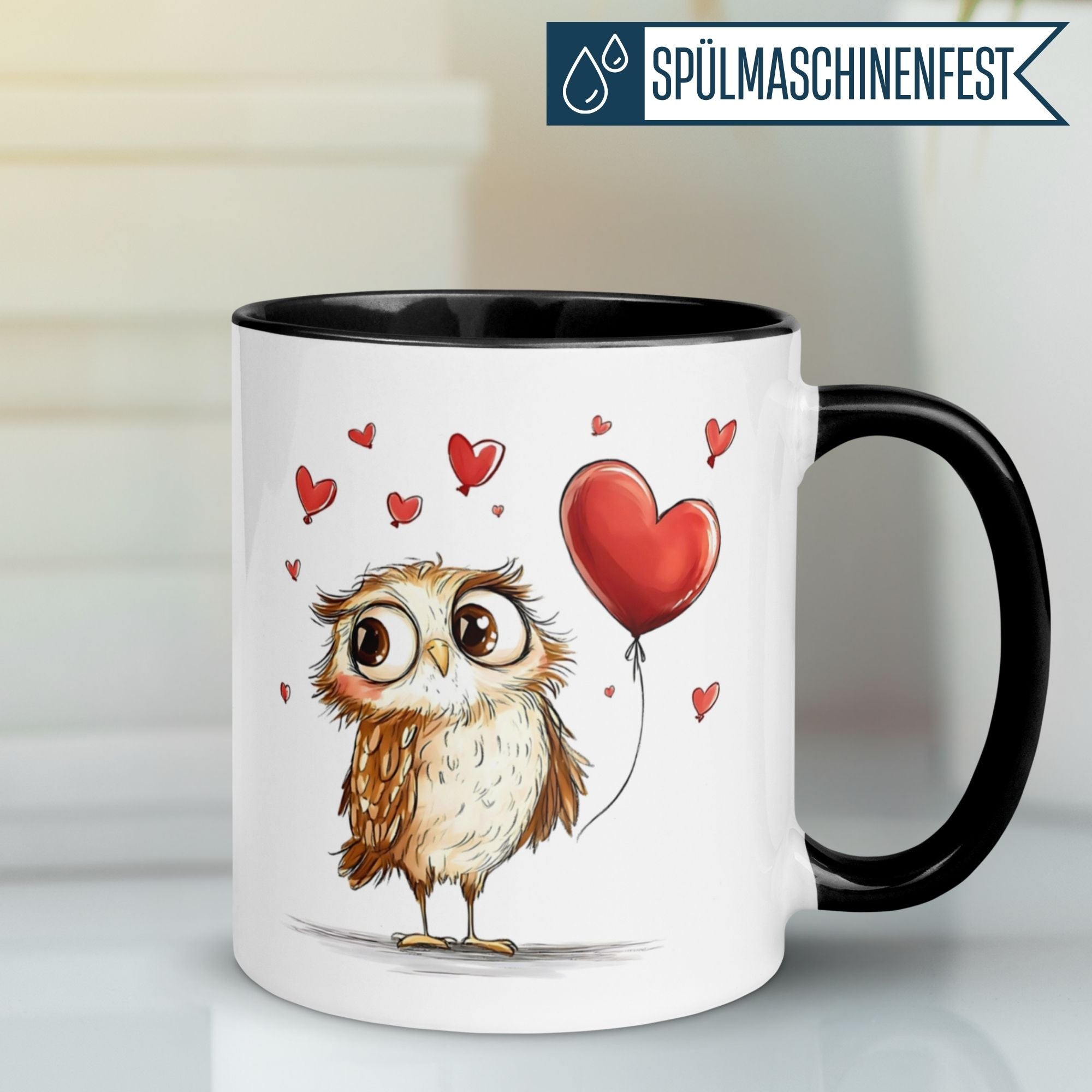 Momentals Eule Tasse mit Herz und Augen, süße Botschaft der Liebe in einem charmanten Design.