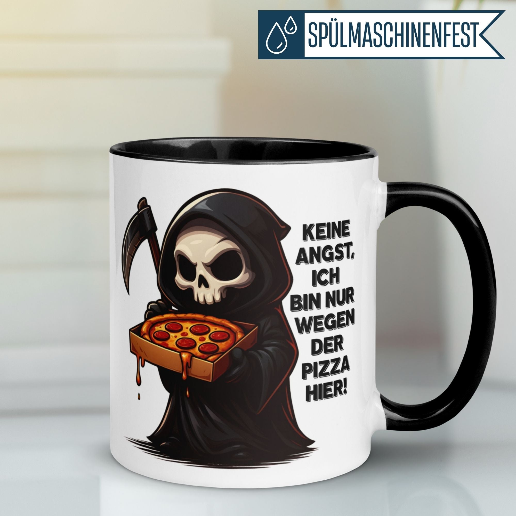 Tasse Sensenmann – „Ich bin nur wegen der Pizza hier“ – Lustige Kaffeetasse mit Spruch