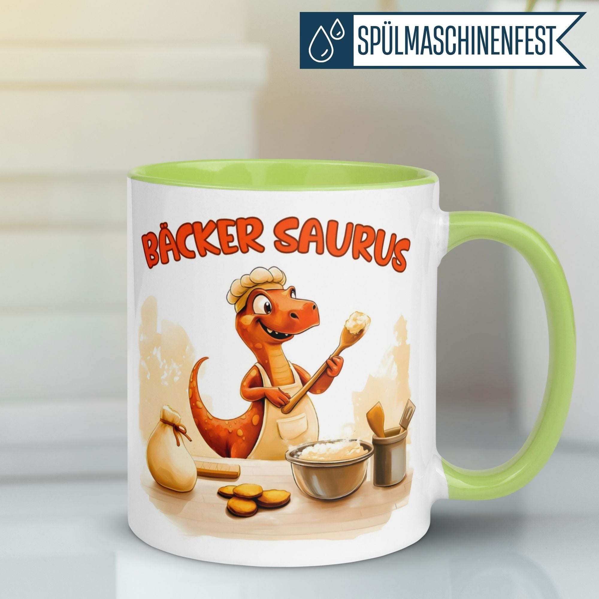 Tasse Dinosaurier – „Bäcker Saurus“ – Dino Geschenk Becher für Back Fans