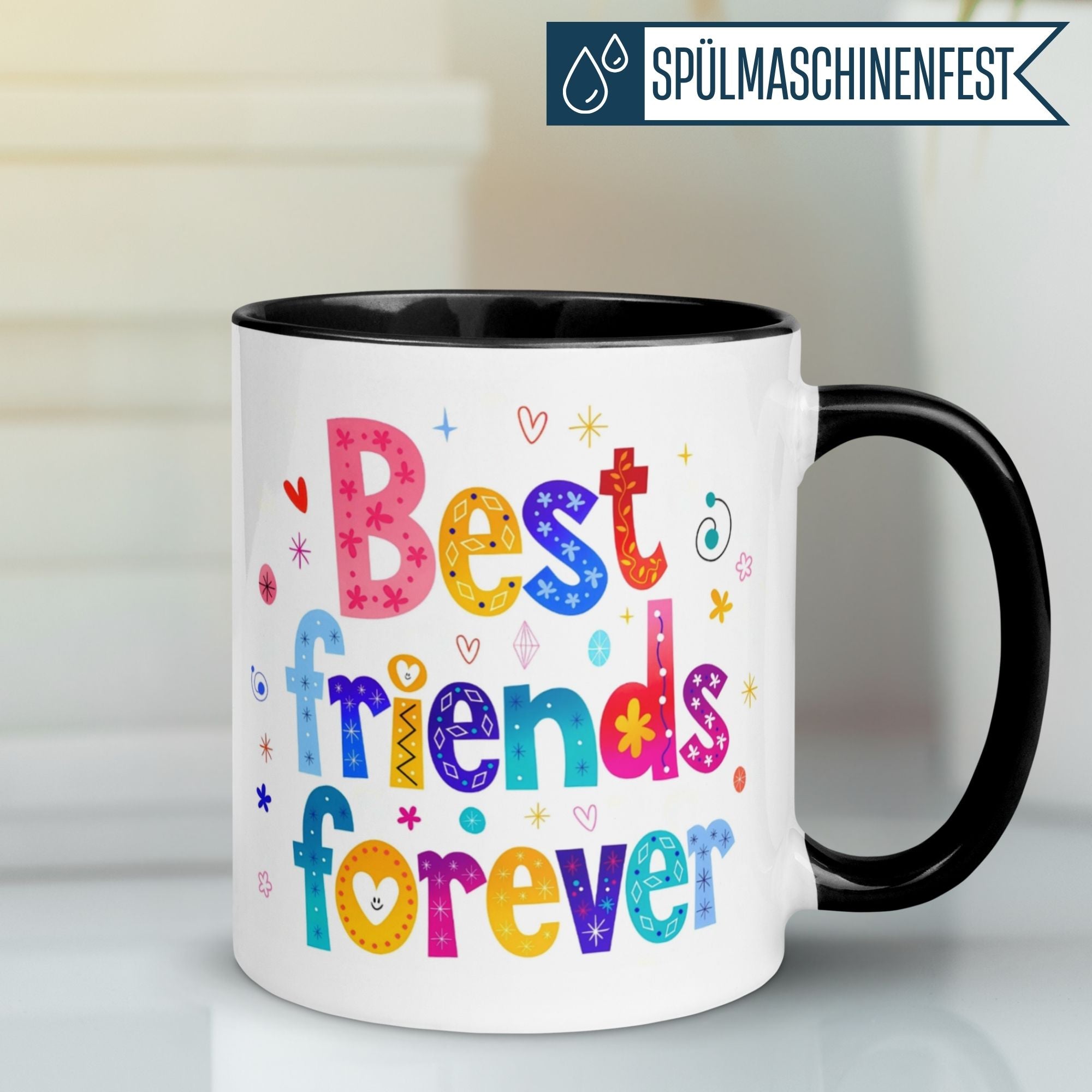 Momentals® Tasse mit buntem Schriftzug „Best friends forever“, ideal für beste Freundinnen.
