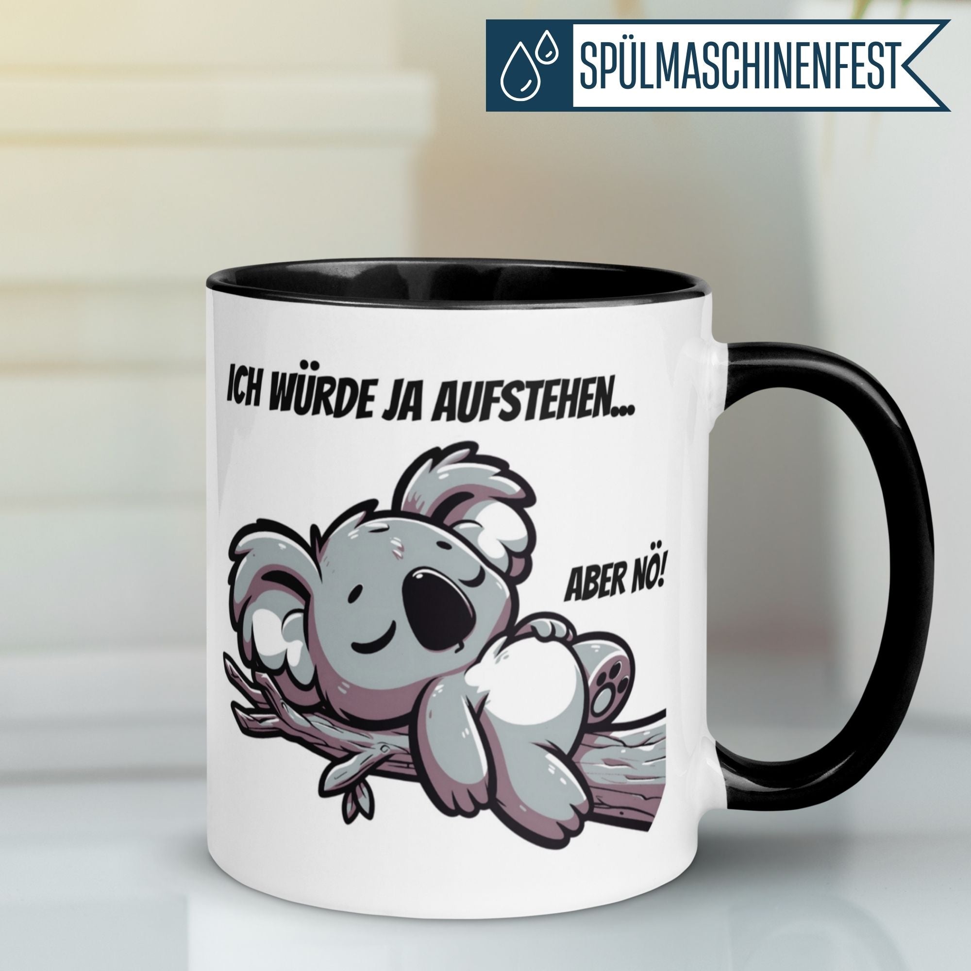 Momentals Tasse Morgenmuffel mit Koala-Motiv und Spruch: "Ich würde ja aufstehen... aber nö!"