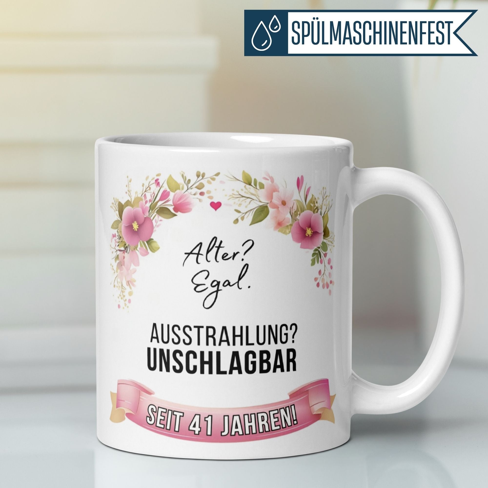 Momentals® Tasse 41. Geburtstag | Blumen & Spruch | Ausstrahlung - Unschlagbar seit 41 Jahren • Momentals