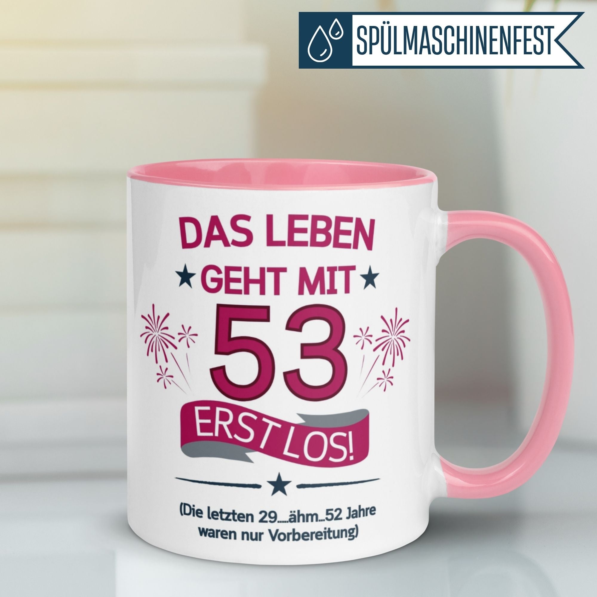 Momentals® Tasse 53. Geburtstag | Feuerwerk & Spruch | Das Leben geht mit 53 erst los