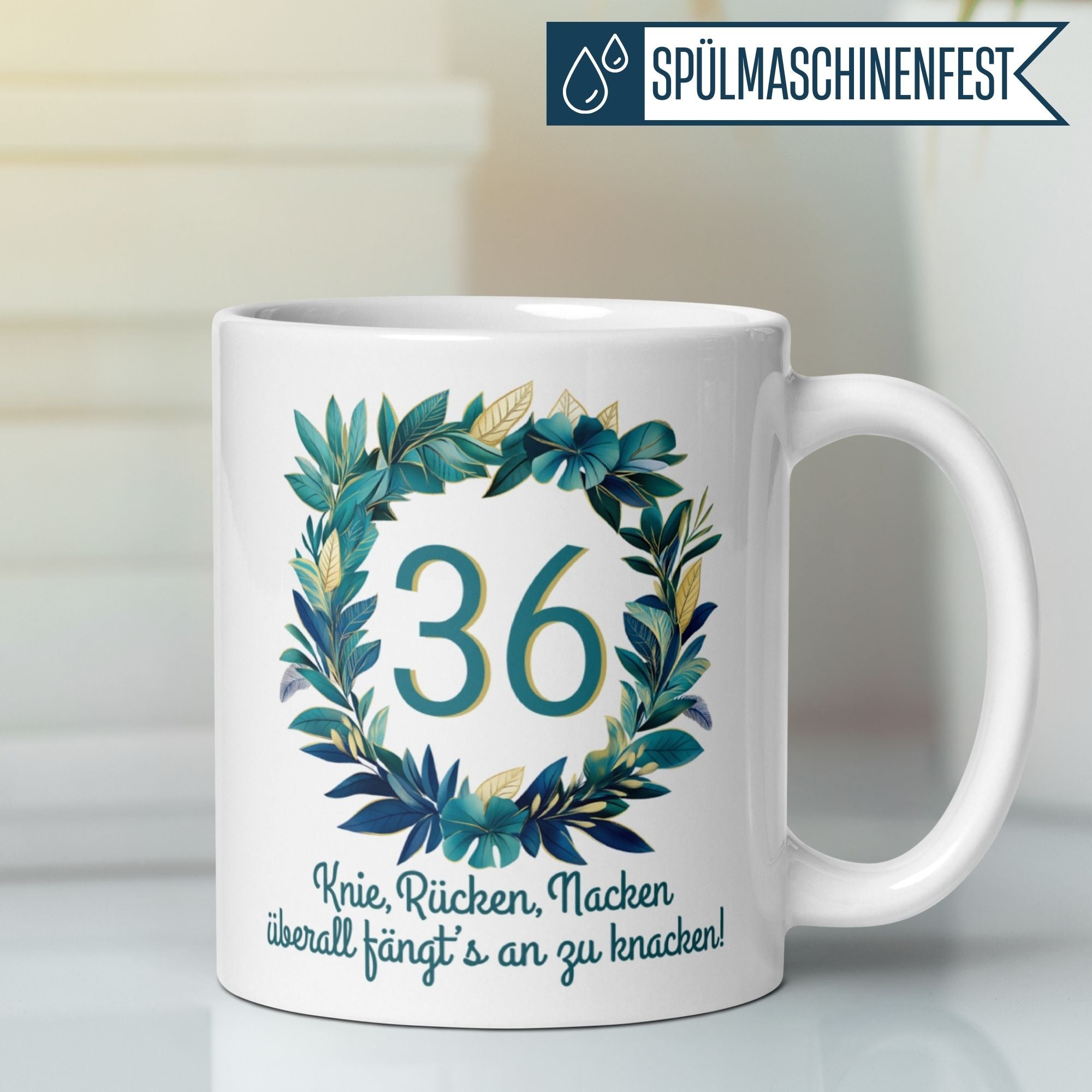 Momentals® Tasse 36. Geburtstag | Zahl & Spruch | Knie Rücken Nacken • Momentals