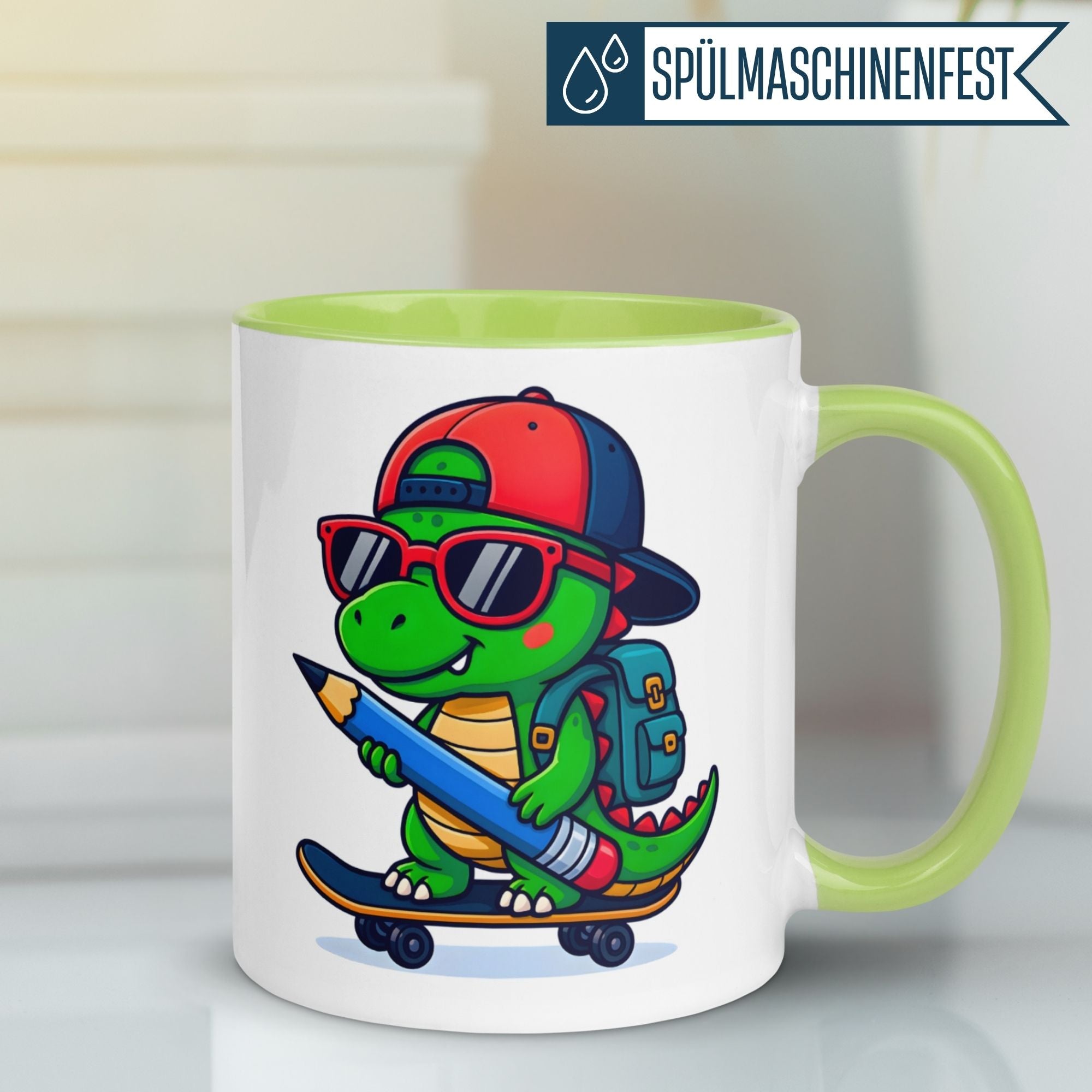 Dino Tasse | Cooler Dinosaurier auf Skateboard mit Bleistift