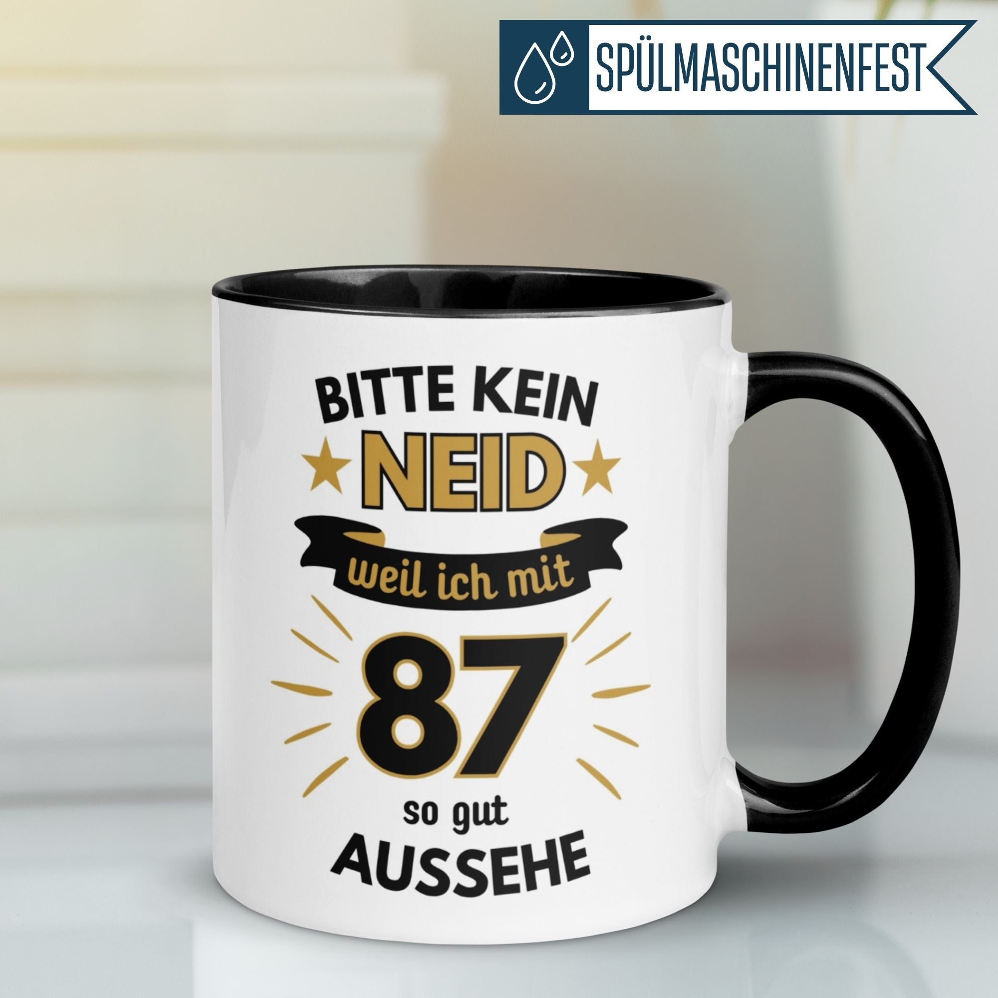 Momentals® Tasse zum 87. Geburtstag mit humorvollem Spruch "Bitte kein Neid - weil ich mit 87 so gut aussehe".