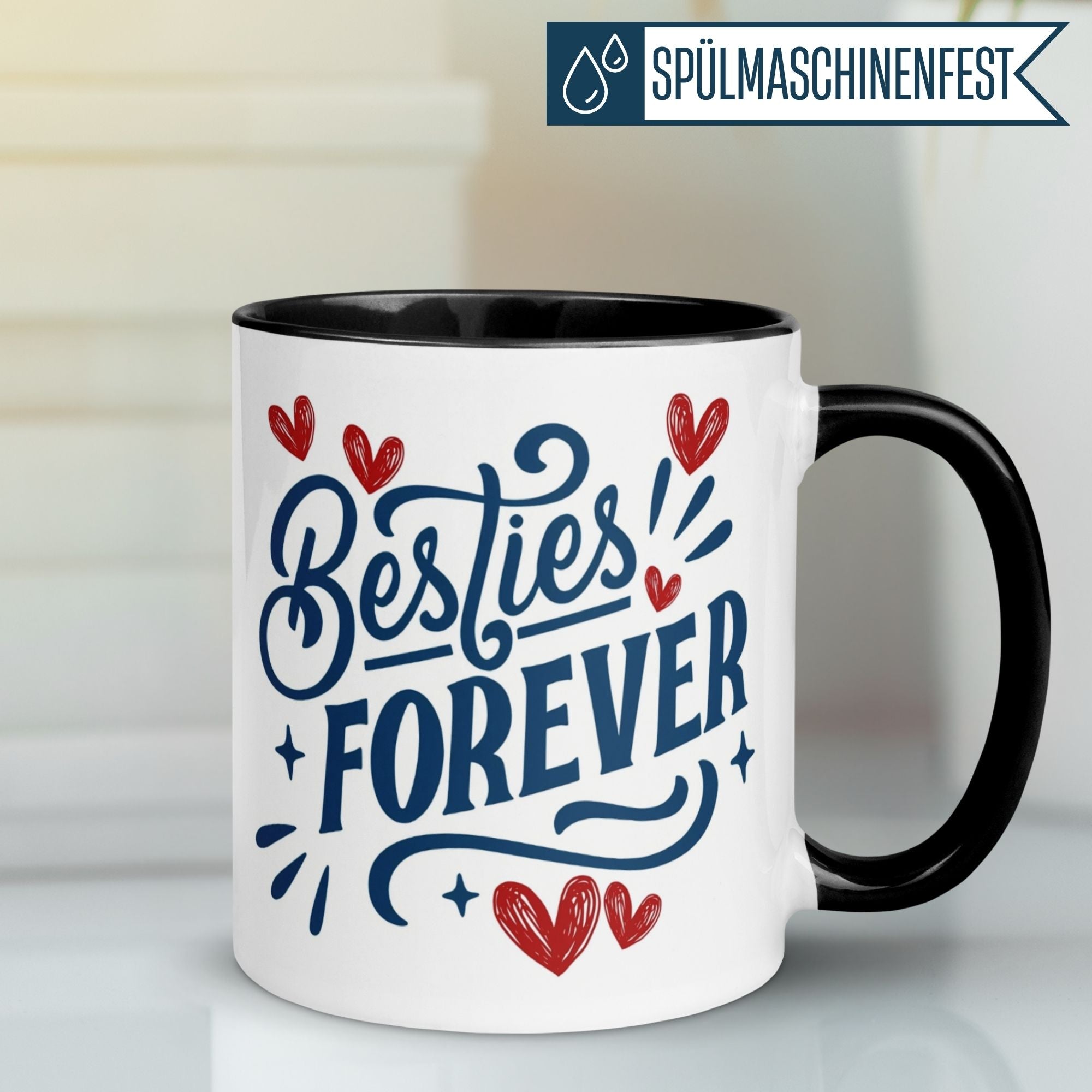 Momentals Tasse mit Herzmotiv und Schriftzug "Besties Forever" – perfektes Geschenk für Freundschaft.