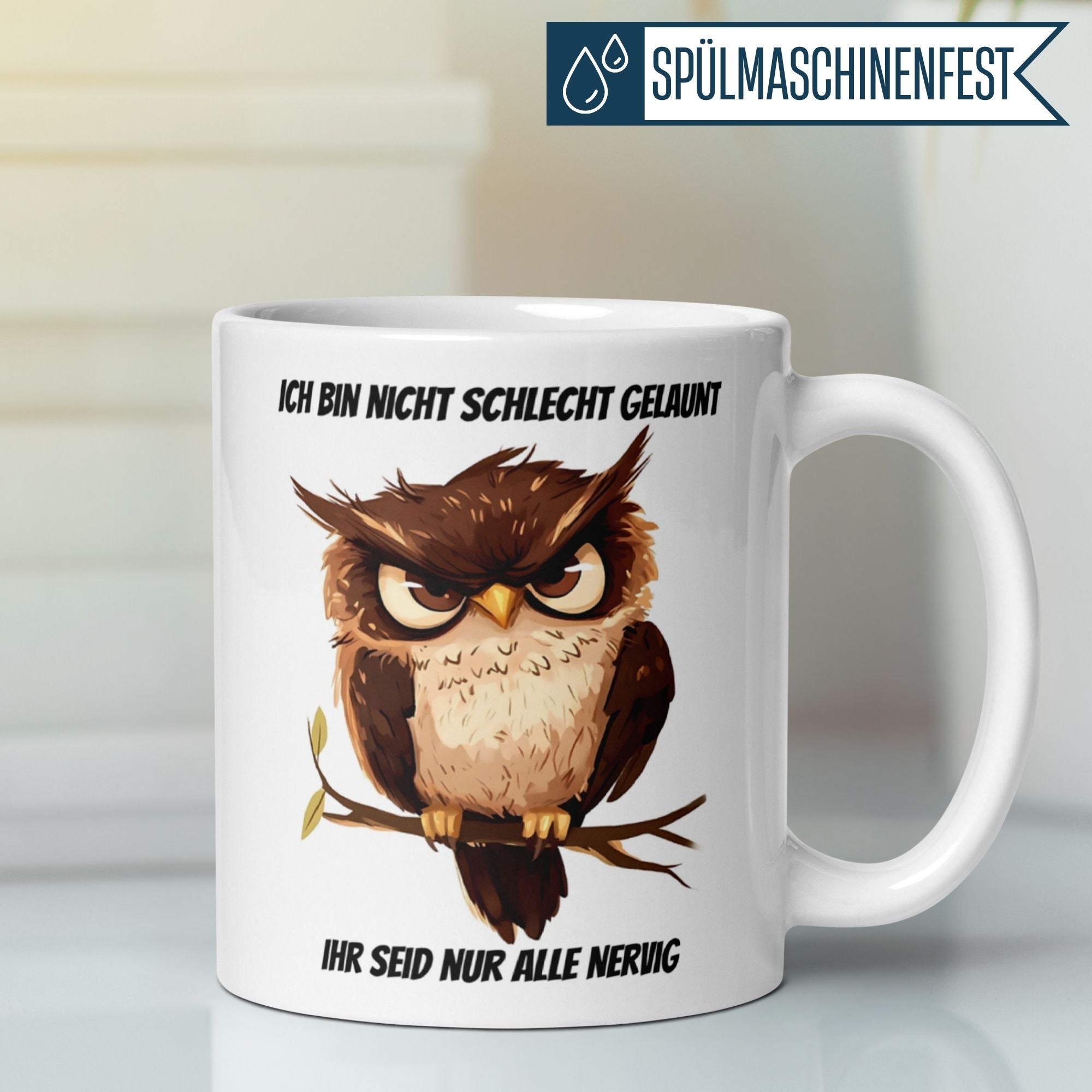 Momentals® Tasse mit Eule und Spruch "Ich bin nicht schlecht gelaunt" für Morgenmuffel.