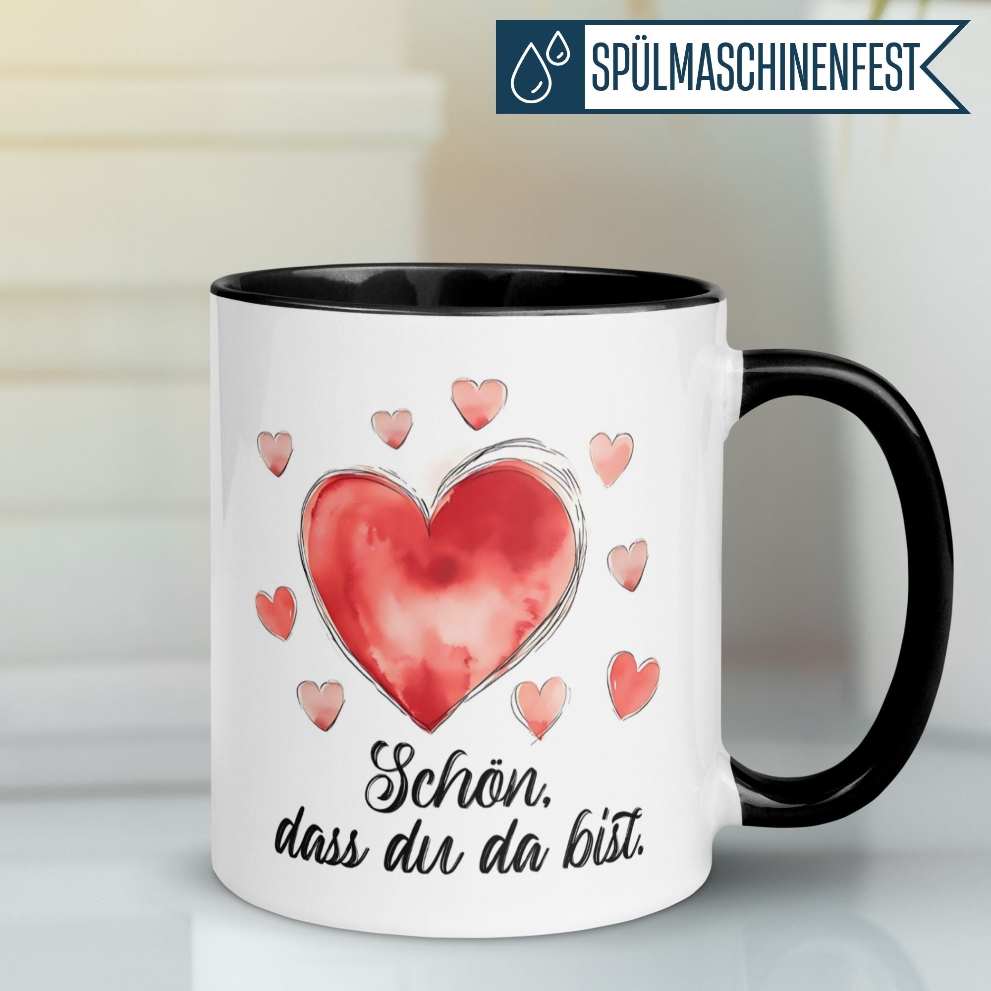 Momentals Tasse mit Herz-Motiv und Text: "Schön, dass du da bist" für Dankbarkeit bei Kaffeepausen