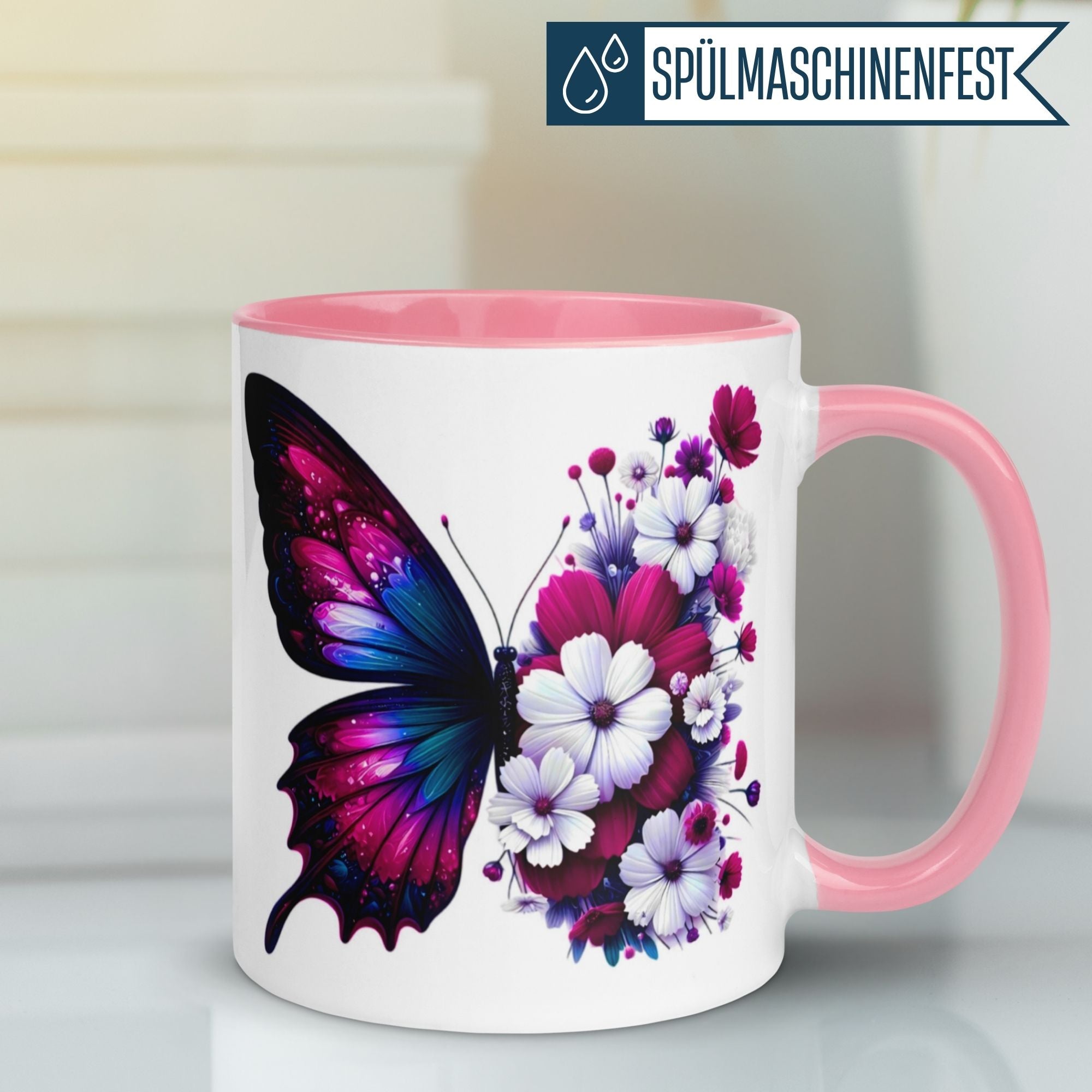 Tasse Schmetterling – „Blütendesign in Fuchsia“ – Geschenk mit Schmetterlingen