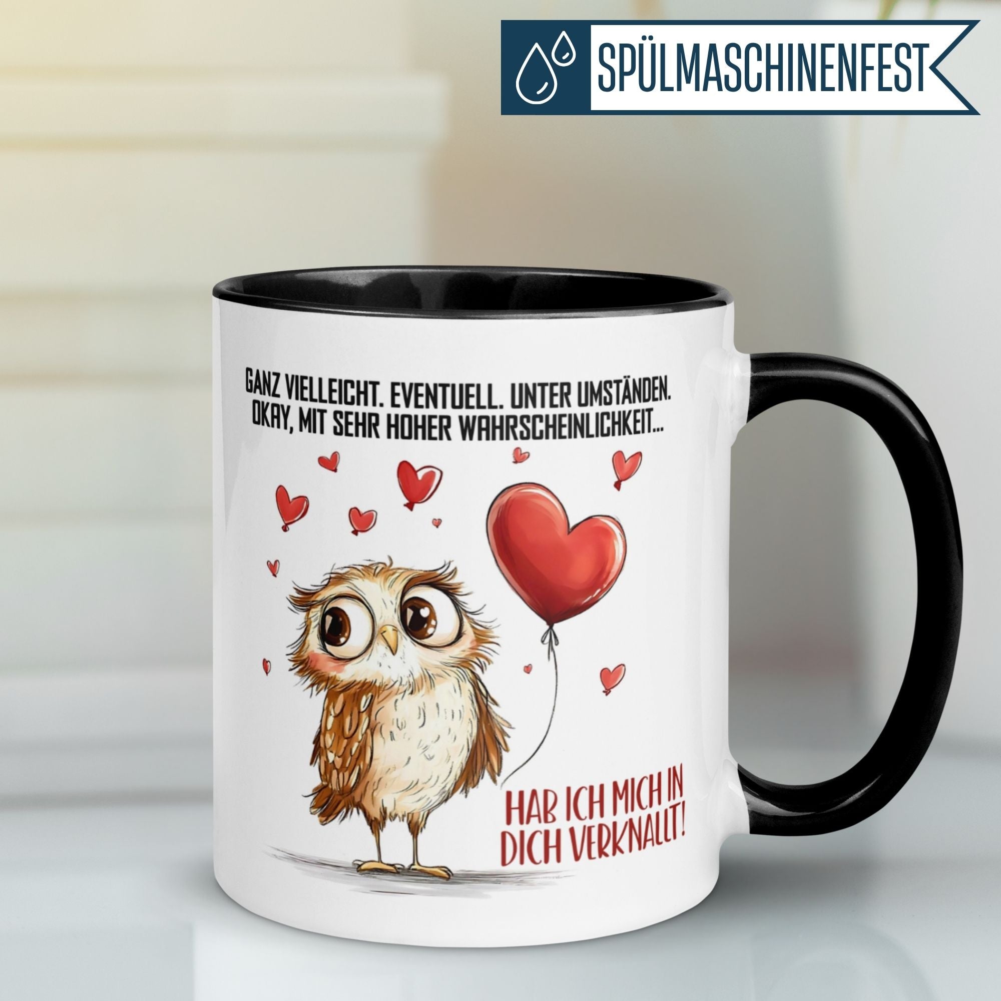 Momentals® Tasse mit Eulenmotiv und Herzballon, süße Liebeserklärung: 'Hab ich mich in dich verknallt!'.