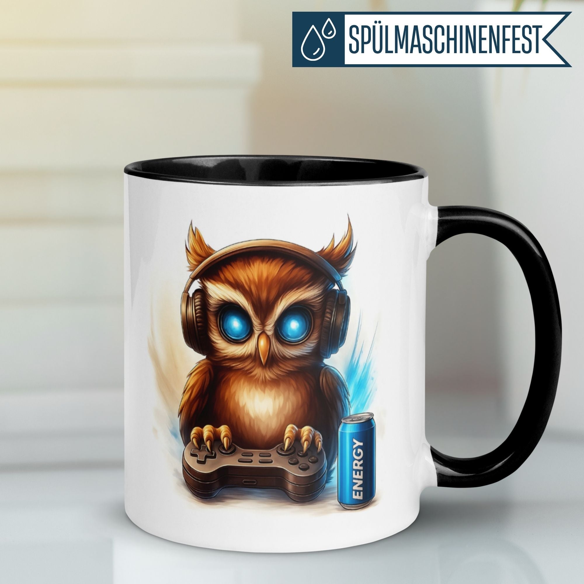 Momentals® Tasse mit gaming Eule, Controller und Kopfhörern für passionierte Nachteulen und Gamer.