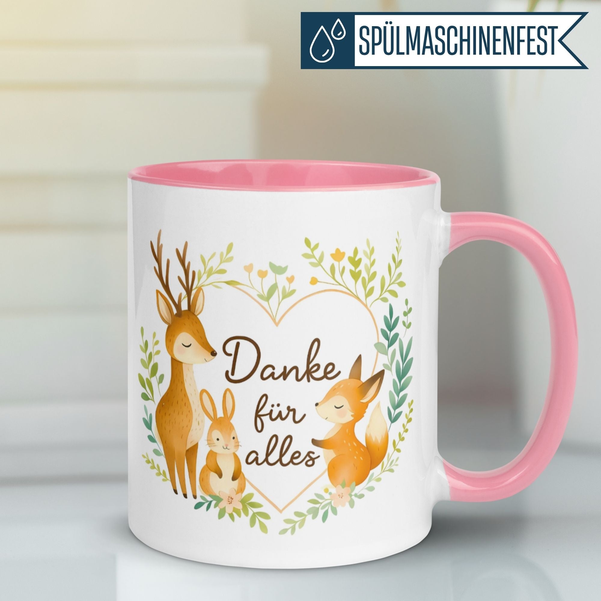 Momentals® Tasse mit Waldtieren und Spruch "Danke für alles" in rosa und weiß