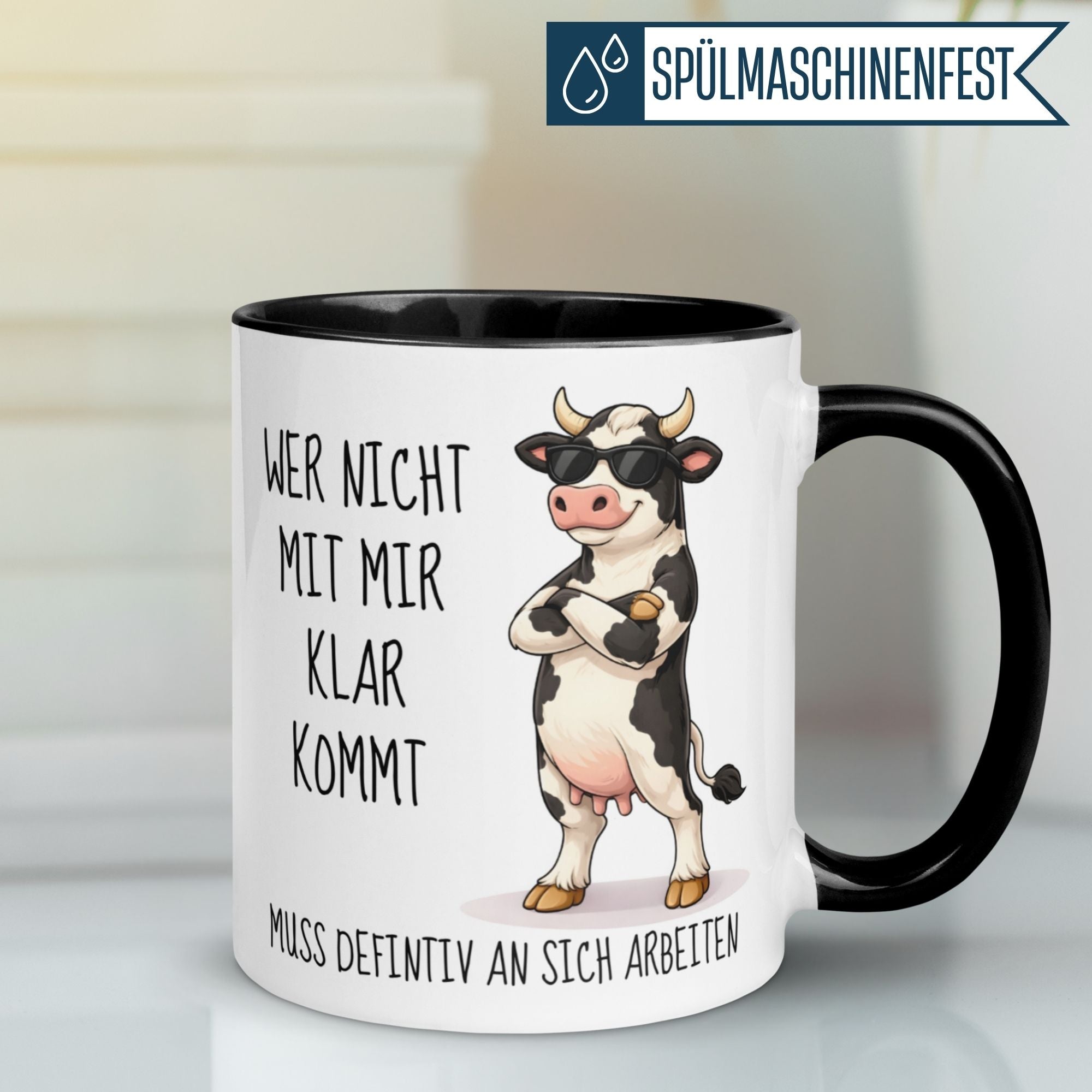 Tasse Kuh – „Wer nicht mit mir klar kommt“ – lustiger Kuh Geschenk Becher
