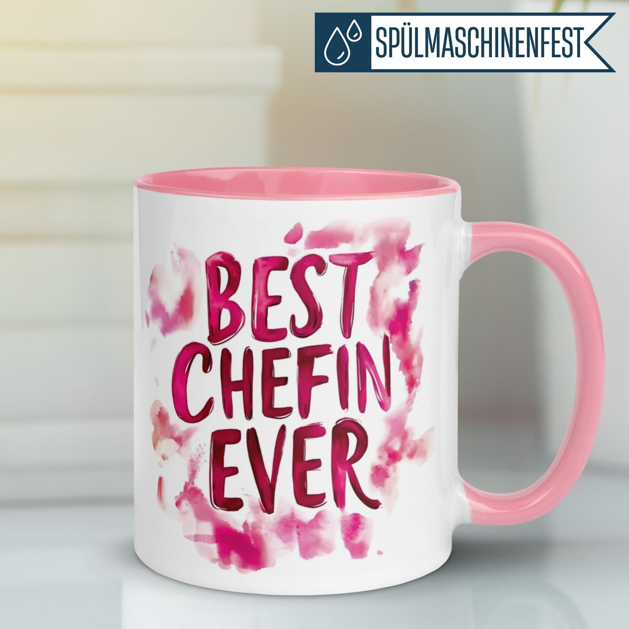 Momentals Tasse mit Spruch "Best Chefin Ever" in pinken Aquarellfarben, ideal für Abschiedsgeschenke.