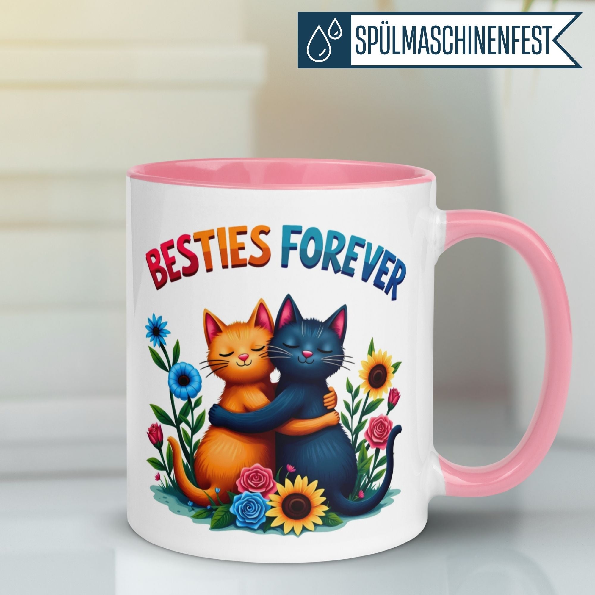 Momentals Tasse mit Katzen-Design und Schriftzug Besties Forever, ideal für Freundschaftsgeschenke.