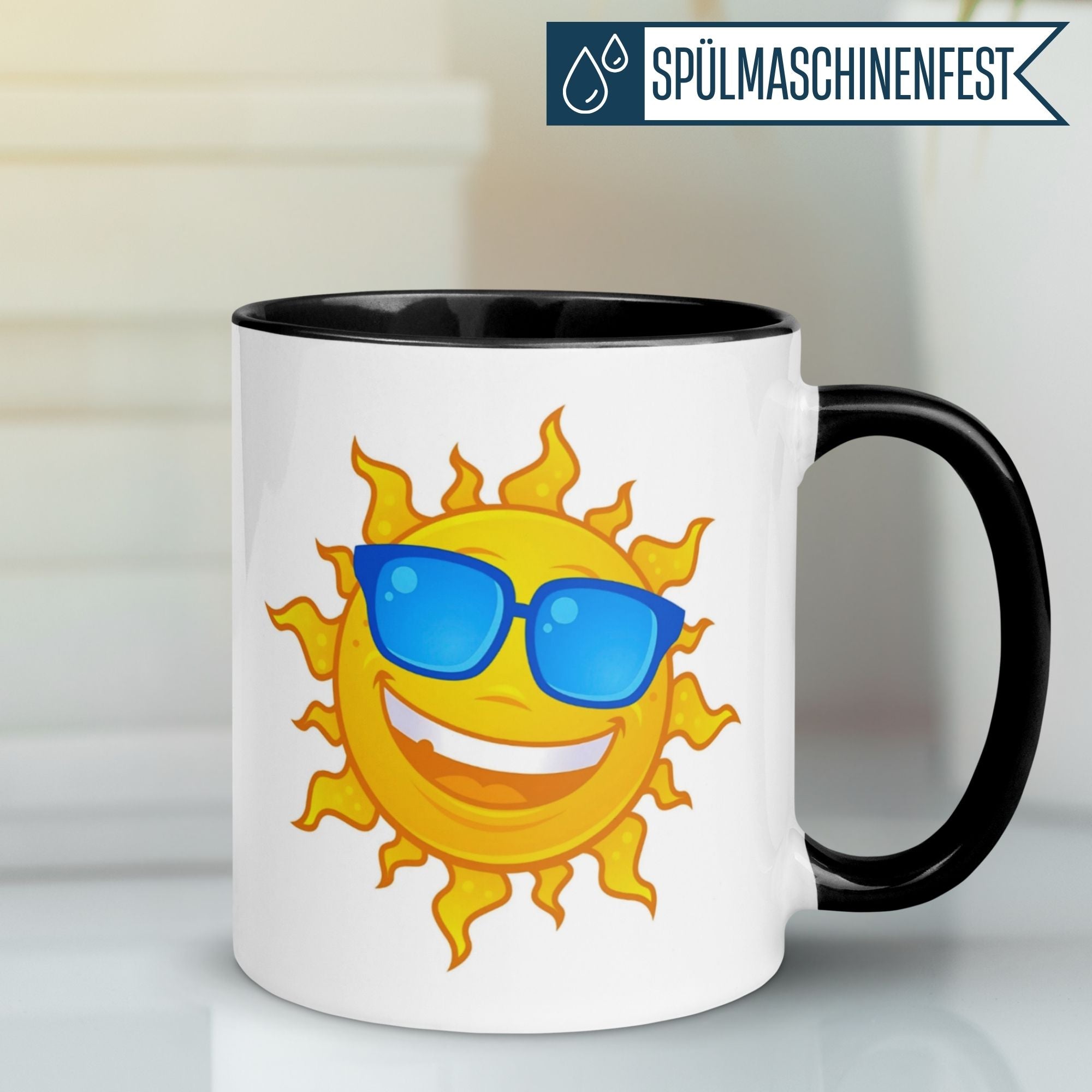 Momentals Tasse mit strahlender Sonne und Sonnenbrille für gute Laune am Morgen.