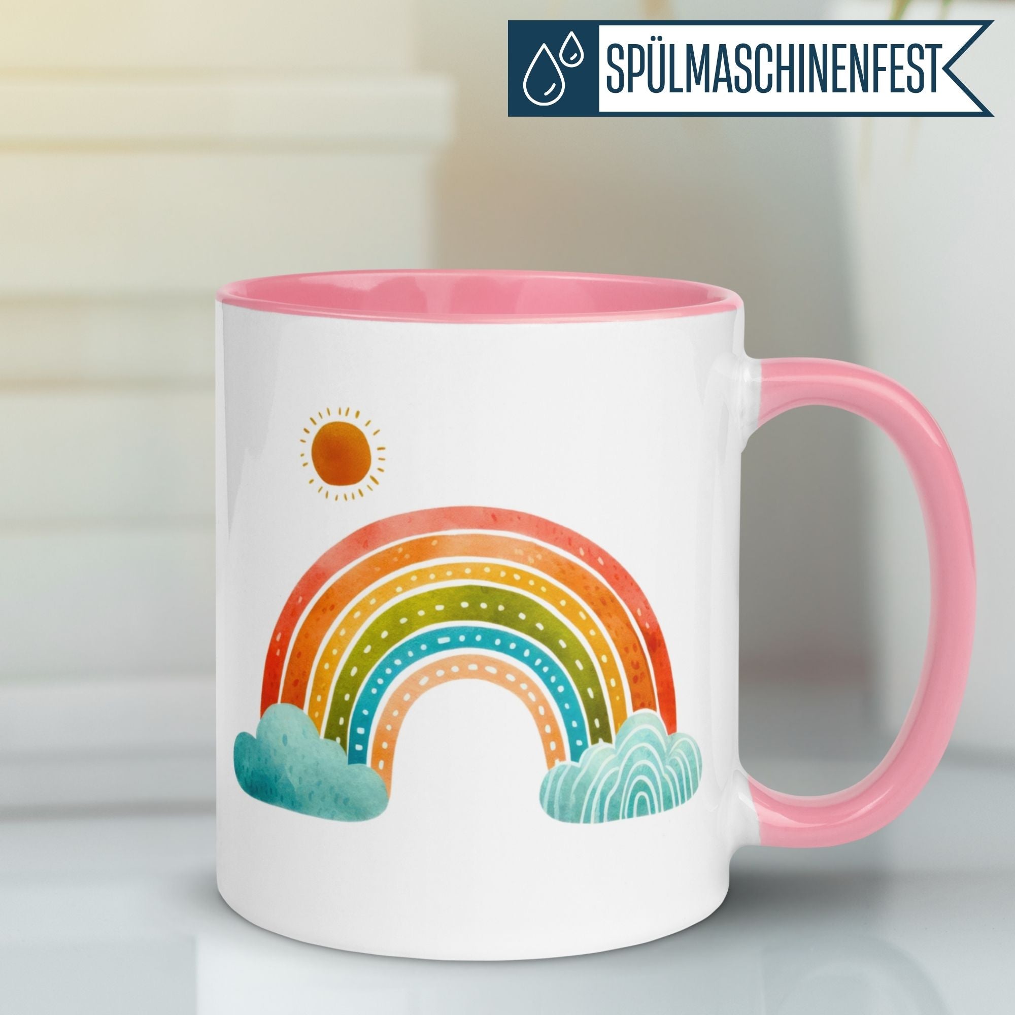 Momentals® Tasse mit buntem Regenbogen und Sonnenstrahlen, perfekt für einen herzlichen Start in den Tag.