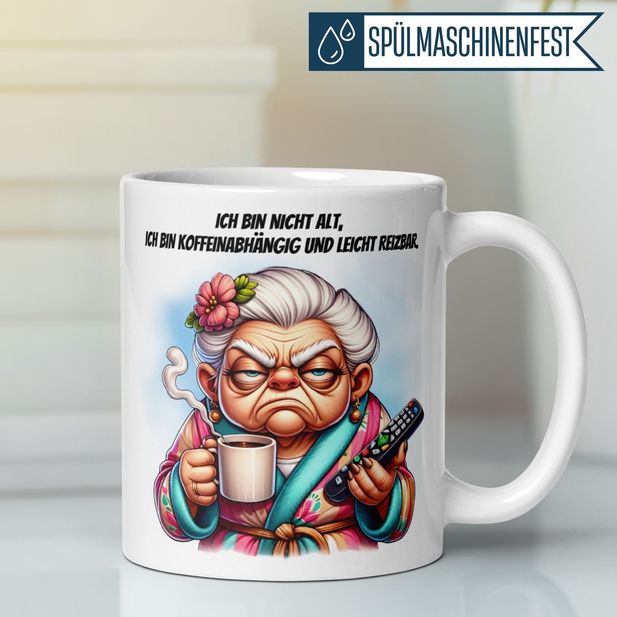 Cartoon mug featuring a grumpy grandma with a coffee cup and remote, captioned about caffeine dependence.