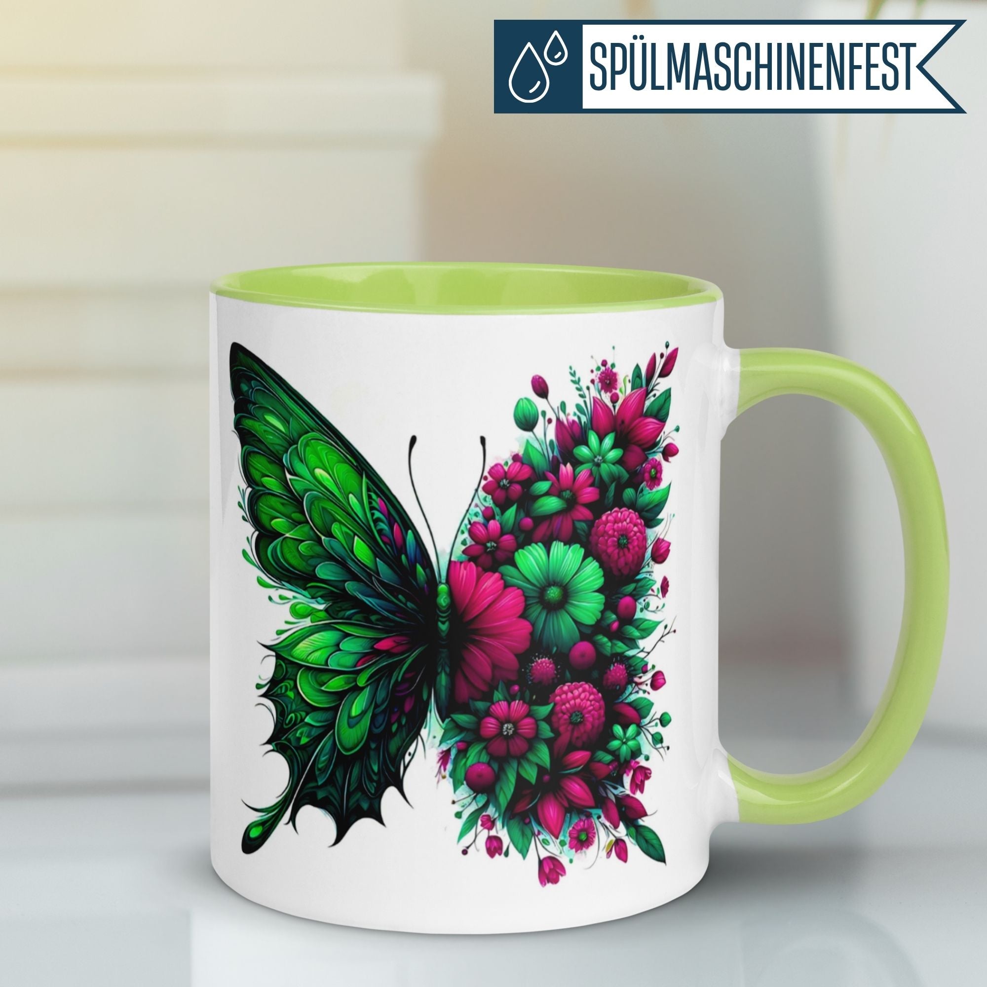 Tasse Schmetterling – „Blütendesign in Smaragdgrün“ – Geschenk mit Schmetterlingen
