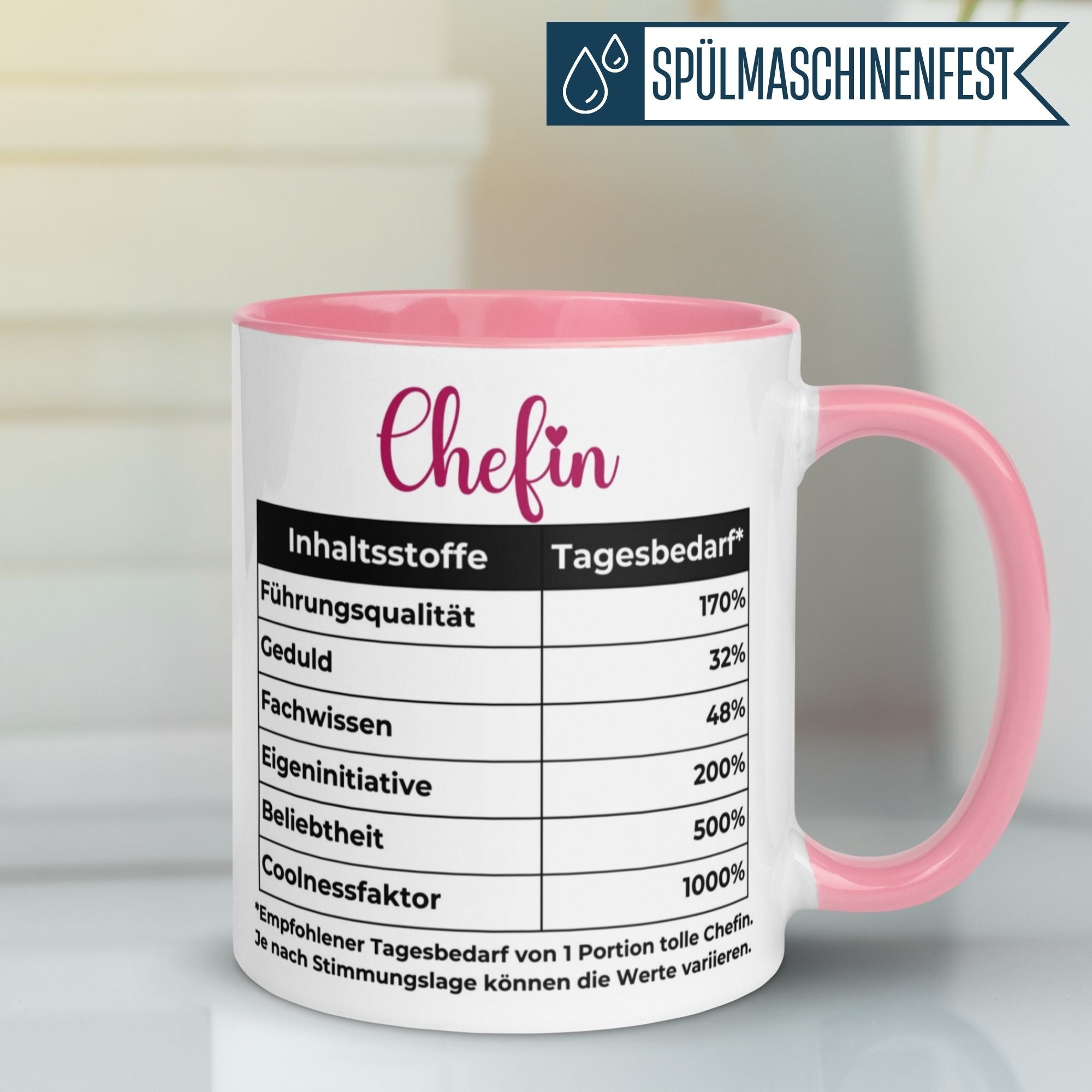 Momentals Tasse Chefin mit humorvollem Nährwertdesign und Spruch für den Abschied einer Chefin.