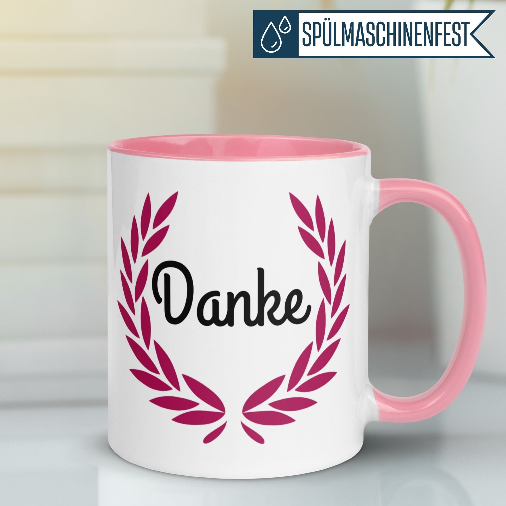 Momentals® Tasse mit pinkem Griff und Blätterkranz-Motiv, perfekt für Dankeschön und Wertschätzung.