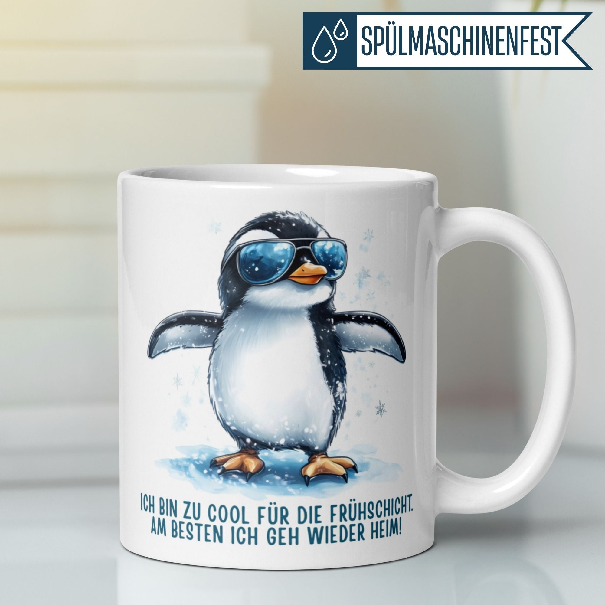 Momentals® Morgenmuffel Tasse mit Pinguin und Spruch: 'Ich bin zu cool für die Frühschicht!'}
