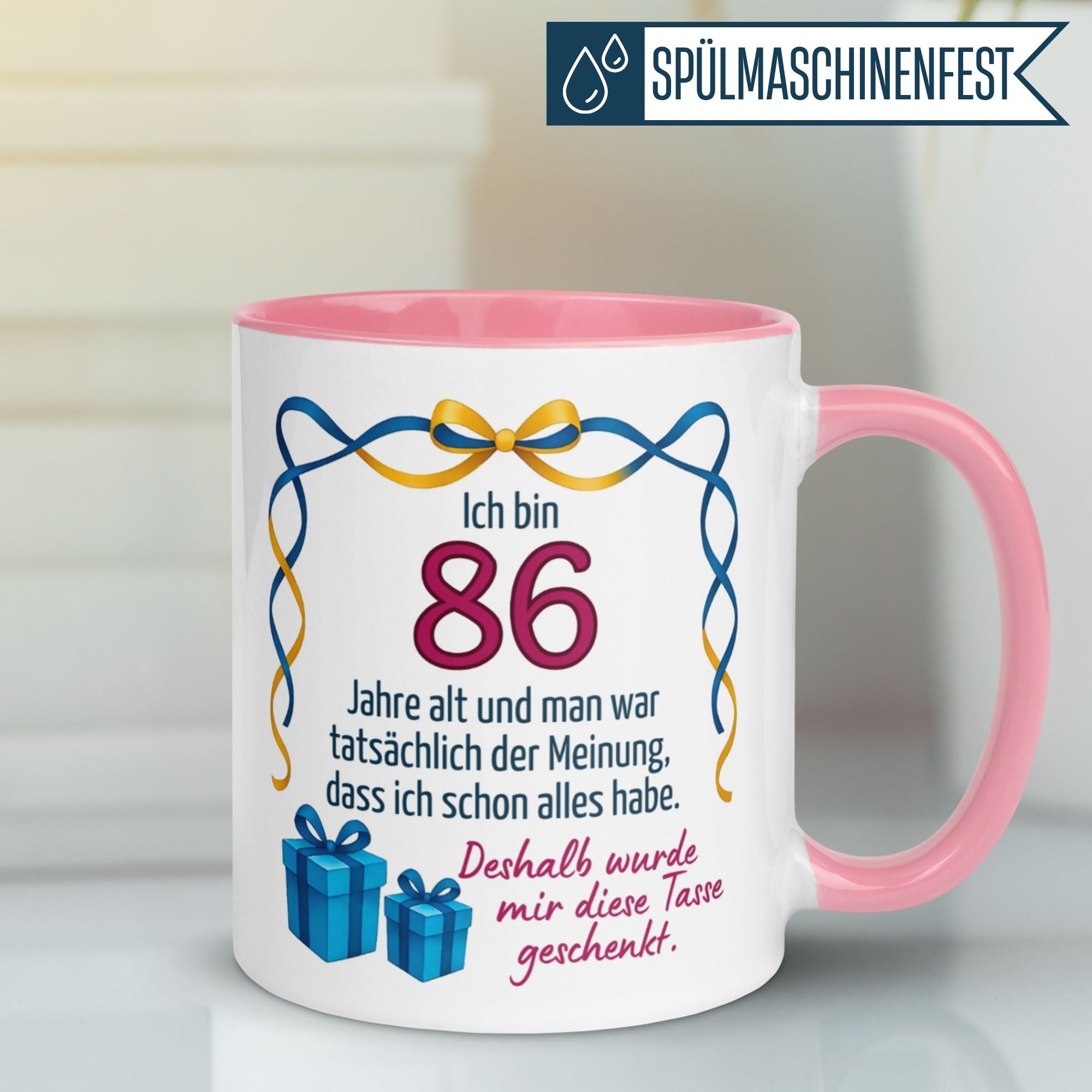 Originelle Geburtstagstasse für Frauen, 86 Jahre alt, humorvoller Spruch mit Geschenkmotiven.