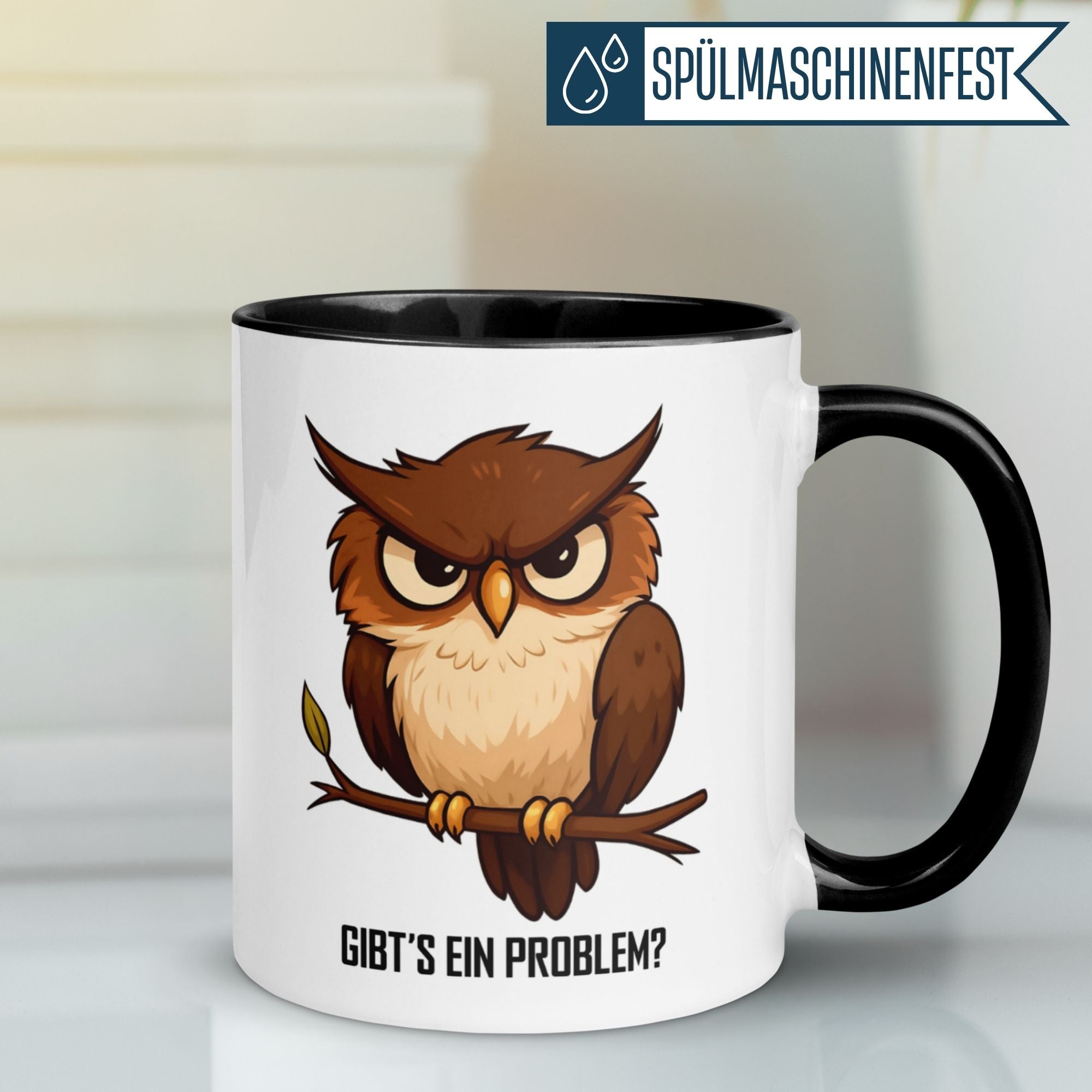 Momentals® Tasse mit Eule und Spruch 'Gibt's ein Problem?' auf hellem Hintergrund
