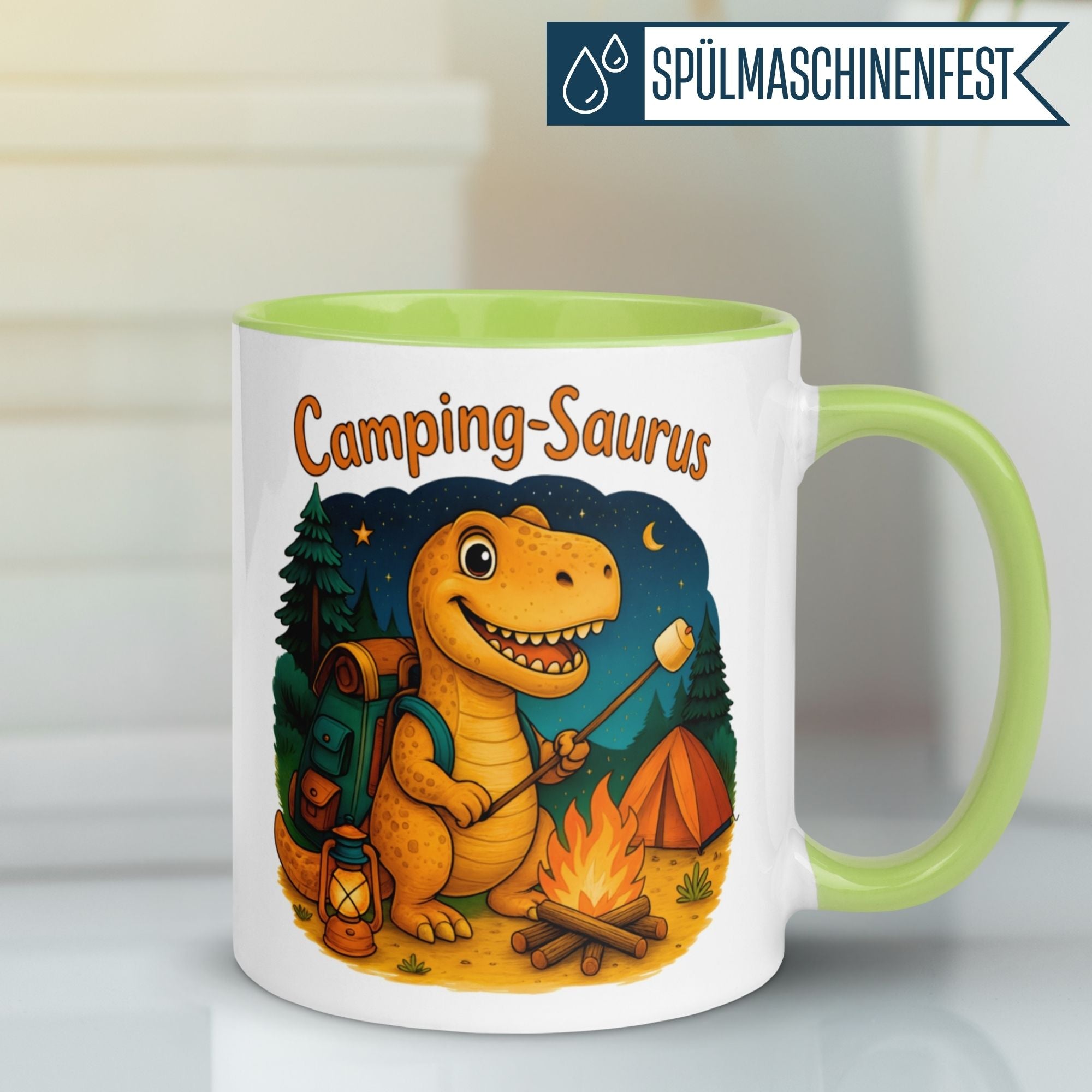 Tasse Dinosaurier – „Camping Saurus“ – Dino Geschenk Becher für Camper