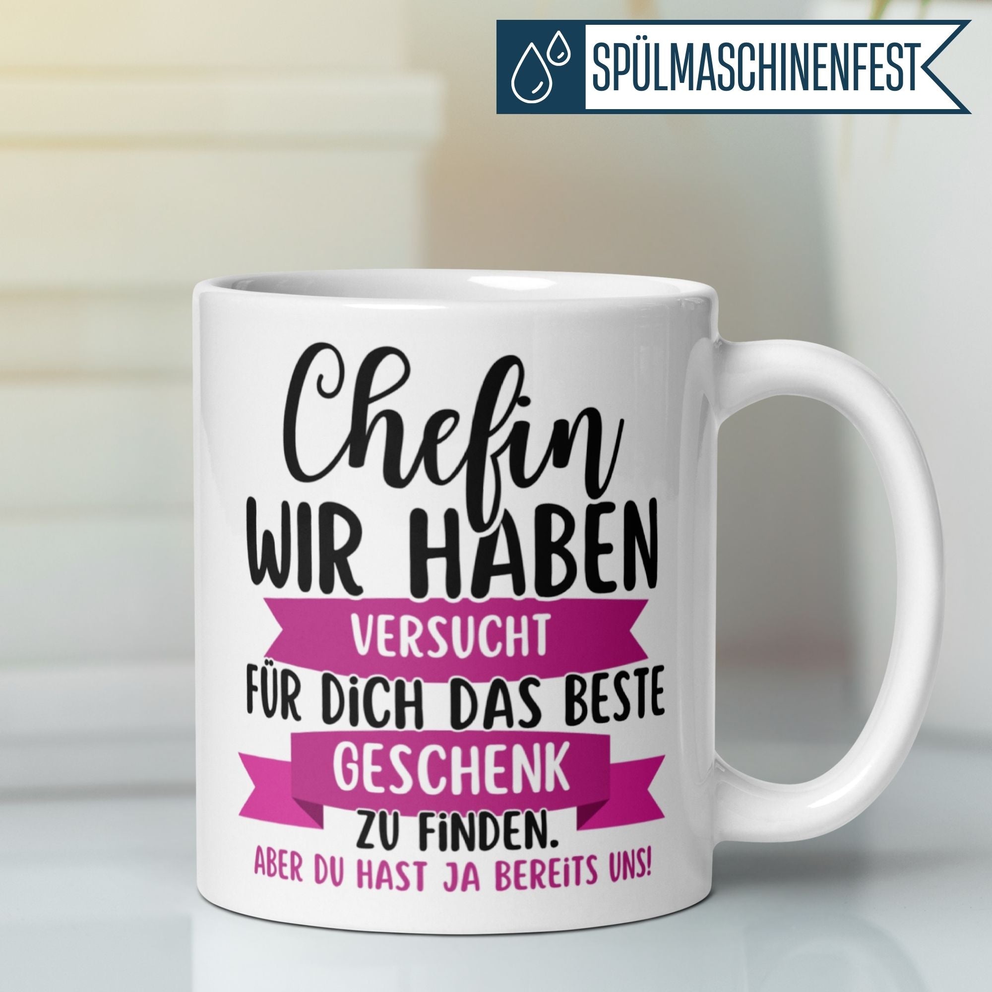 Humorous farewell mug for bosses with a heartfelt message and pink design elements.
