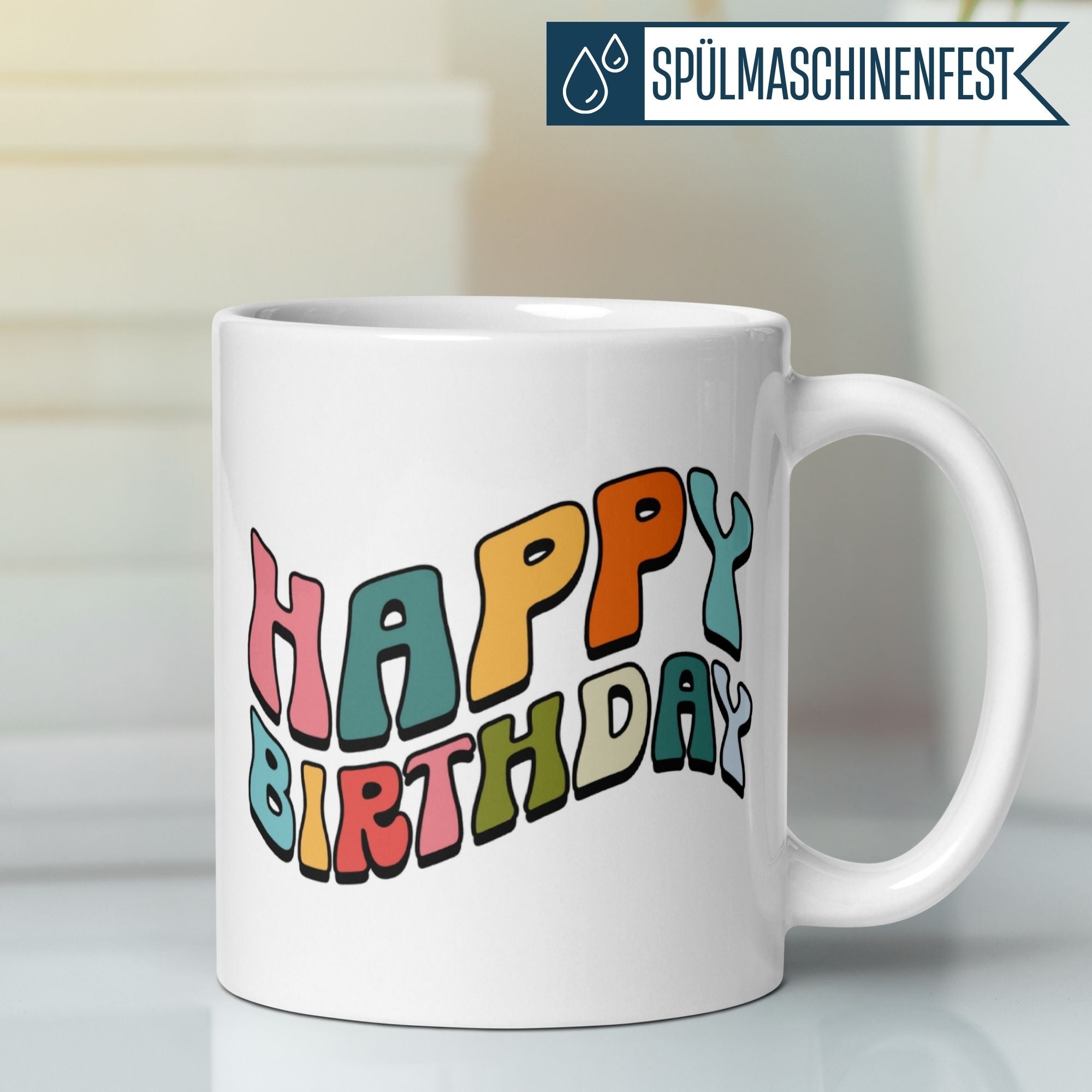 Hippie Retro Happy Birthday mug featuring colorful 70s typography, perfect for celebrating birthdays.