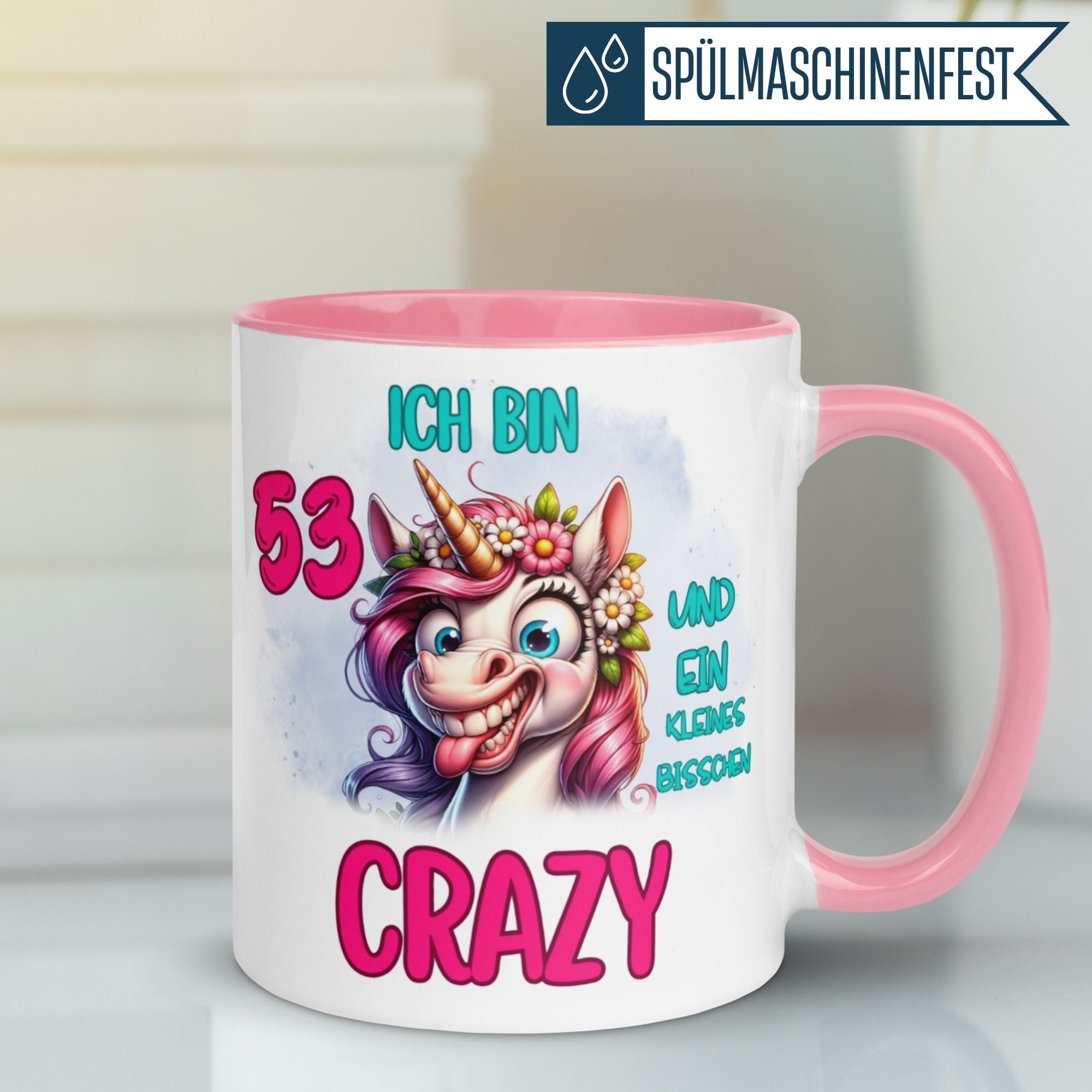Momentals® Tasse 53. Geburtstag | Einhorn & Spruch | Ich bin 53 und ein kleines bisschen crazy