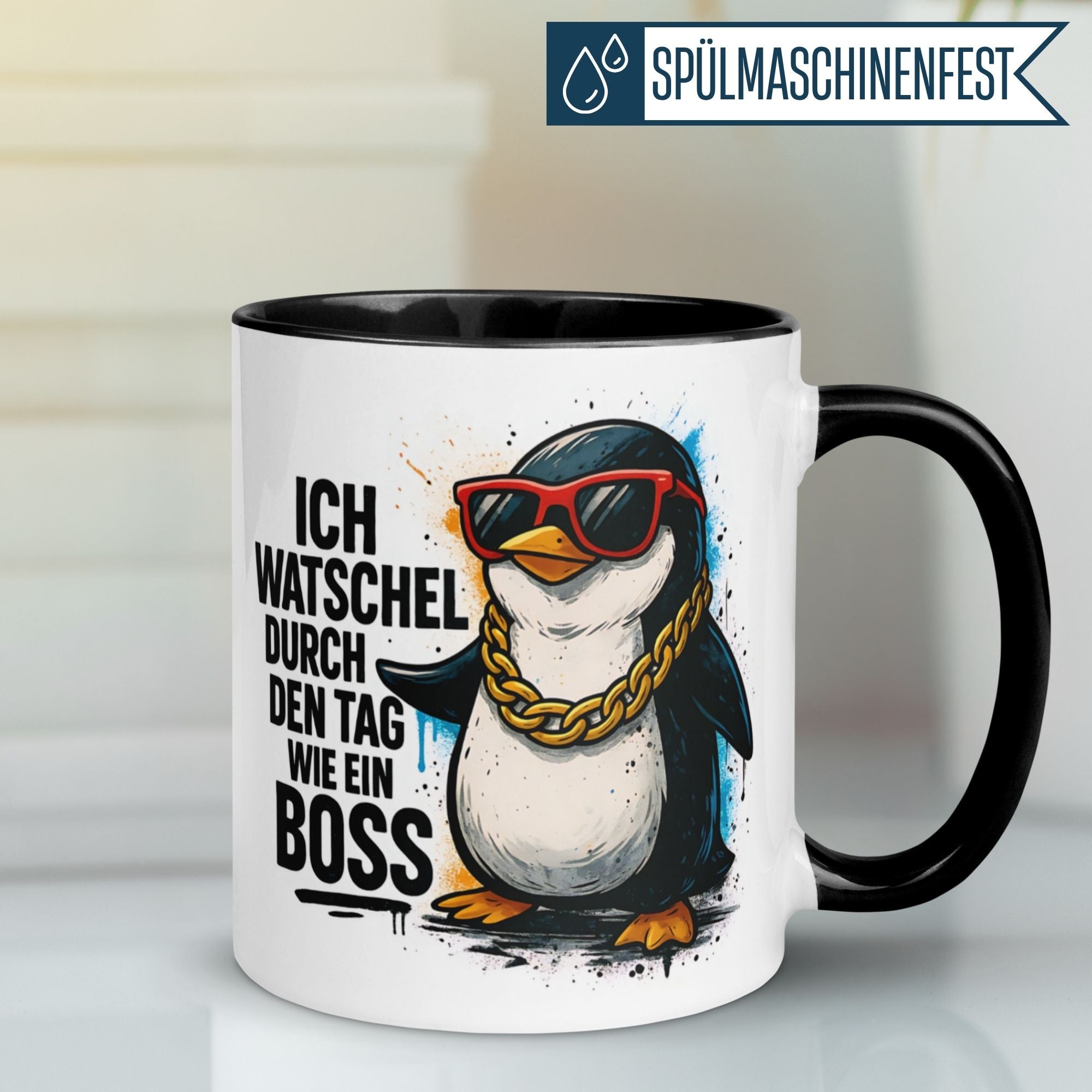 Tasse Pinguin – „Ich watschel durch den Tag wie ein Boss“ – lustiger Geschenk Becher