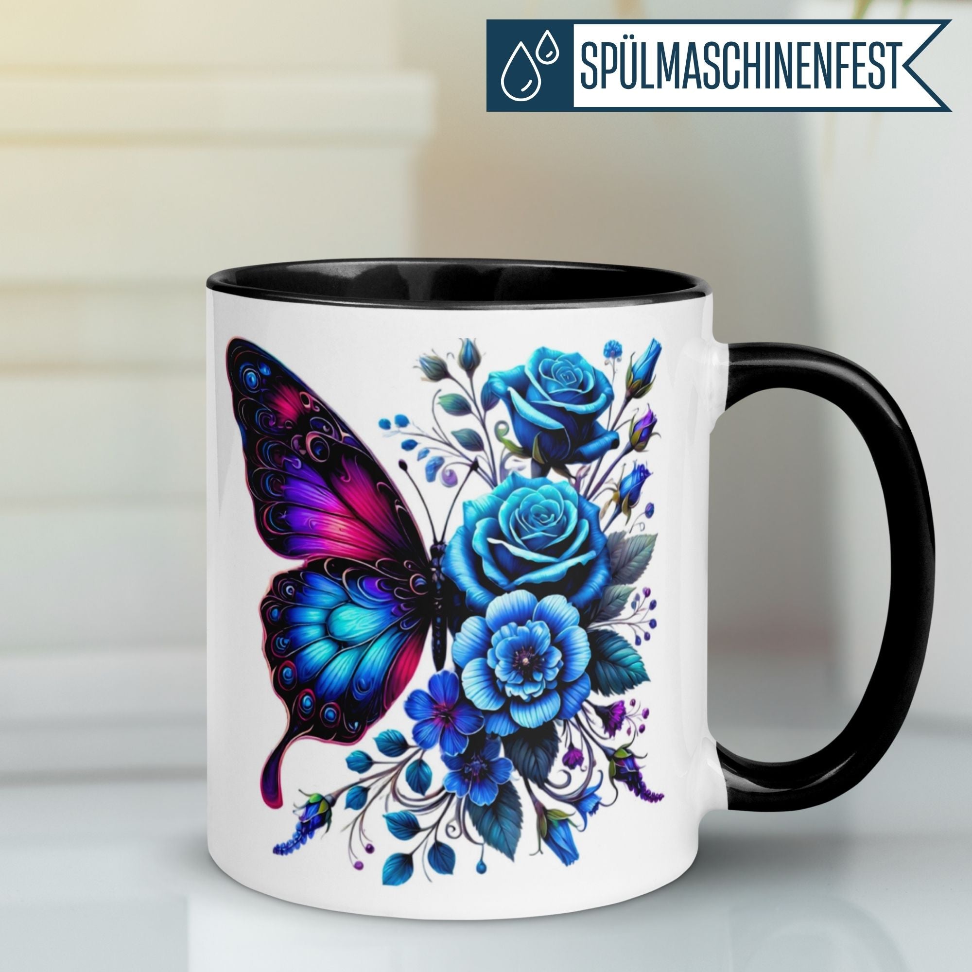 Tasse | Schmetterling & Rosen | Elegantes blaues Blütendesign mit Farbverlauf