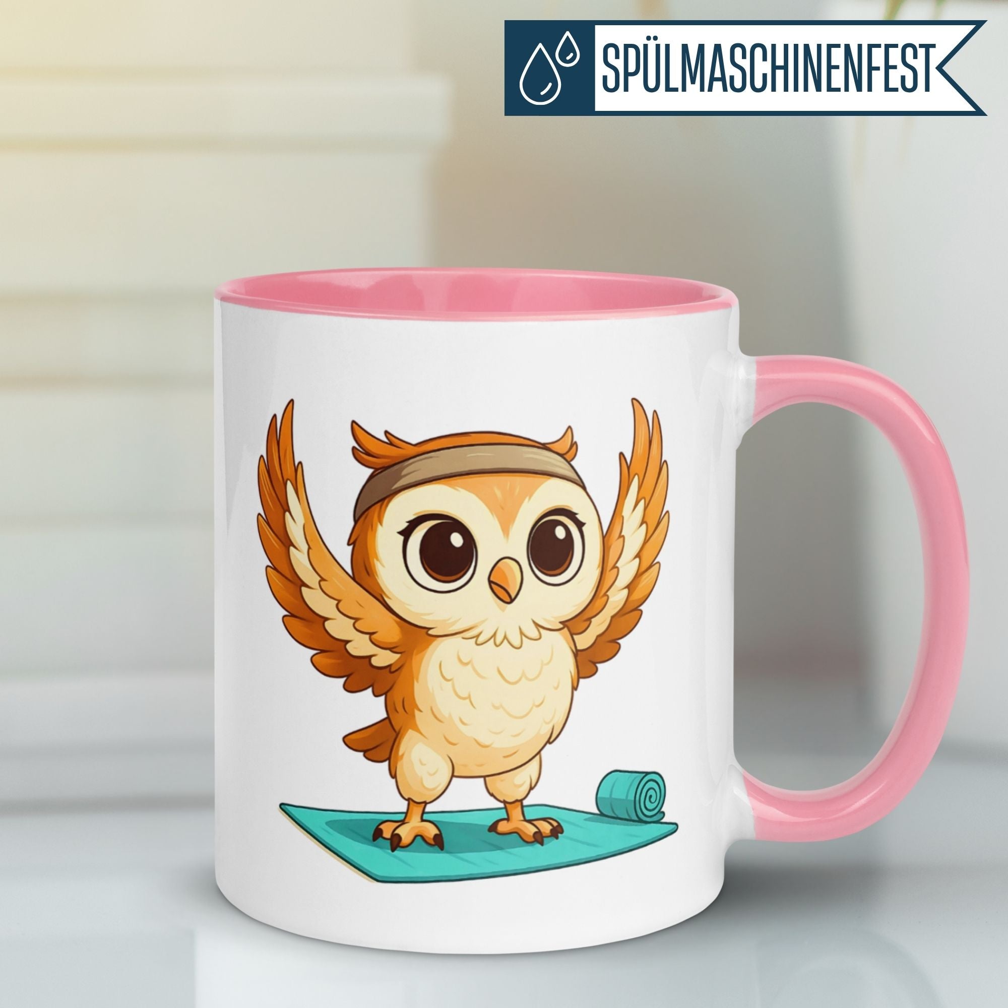 Pink mug featuring a sporty yoga owl with wings spread on a yoga mat, symbolizing balance and motivation.