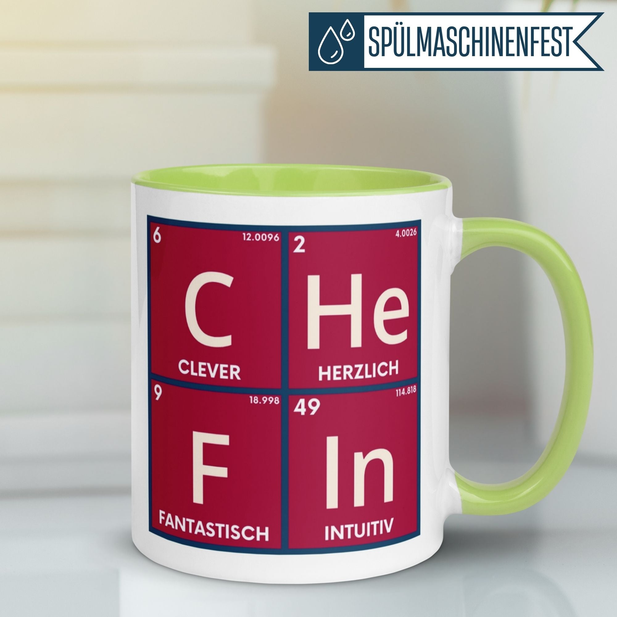 Momentals® Tasse Chefin mit Periodensystem-Design: Clever, Herzlich, Fantastisch, Intuitiv.