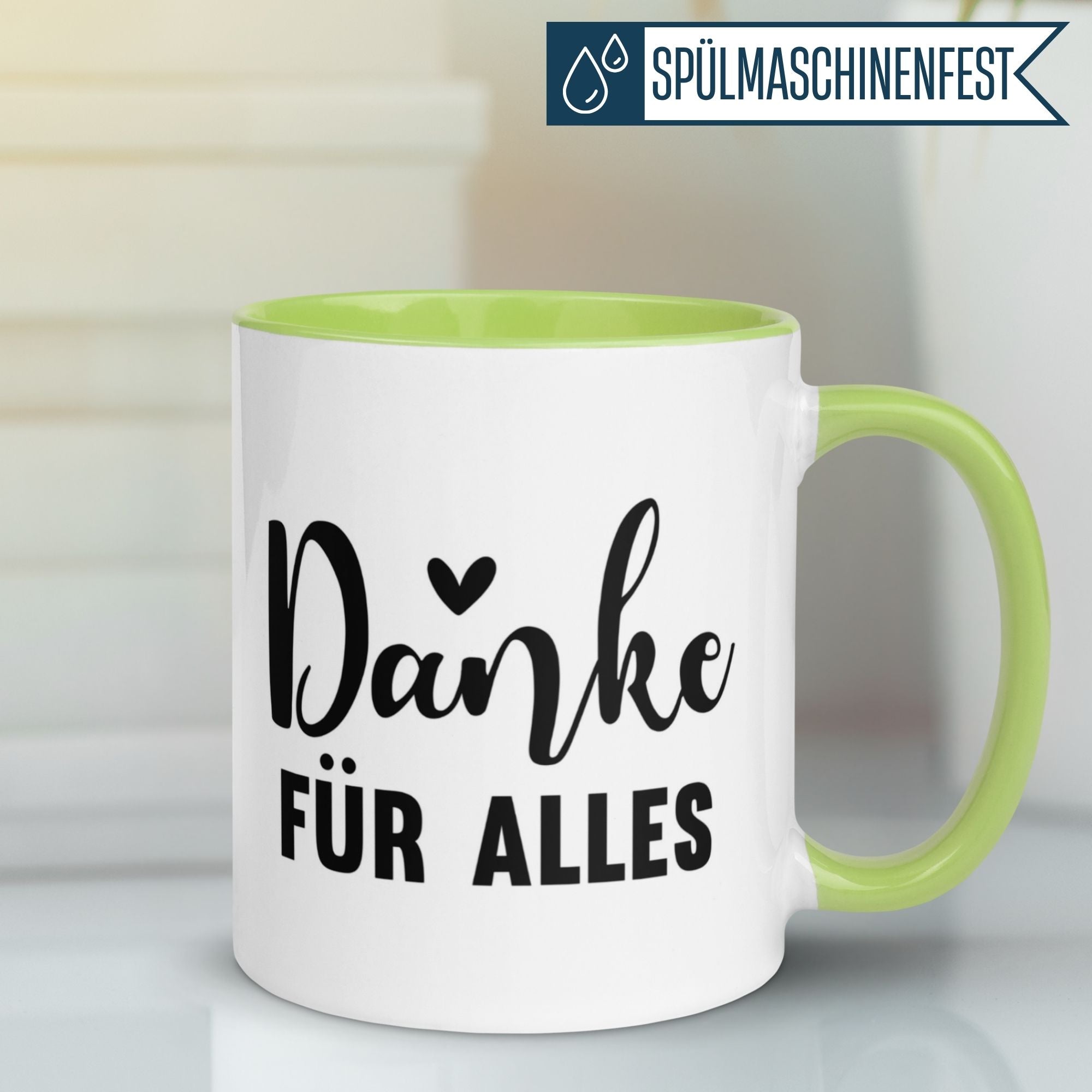Momentals Tasse mit Schriftzug "Danke für alles" und grünem Henkel, ideal für Dankesbotschaften.
