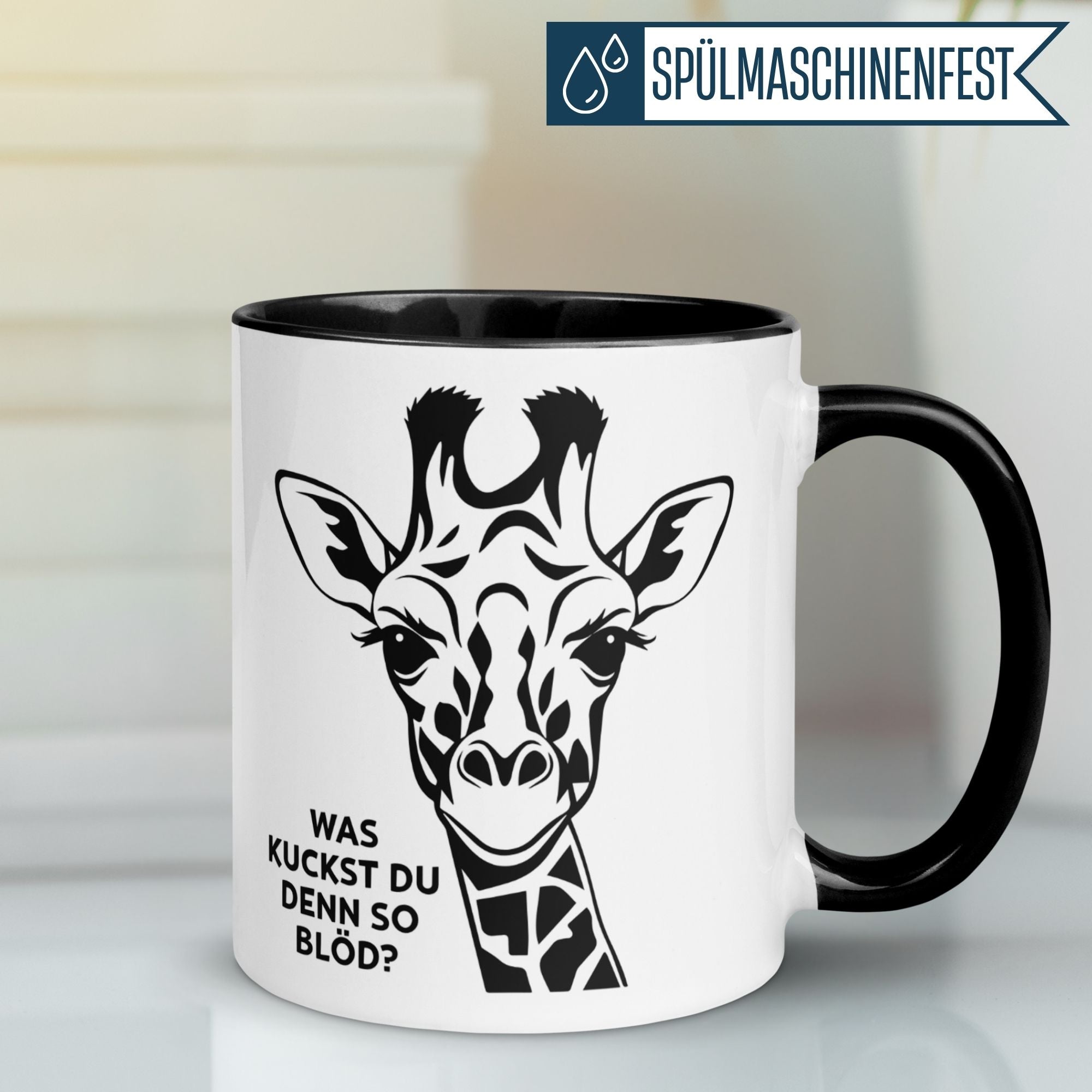 Tasse Giraffe – „Was kuckst du denn so blöd“ – lustiger Giraffen Geschenk Becher