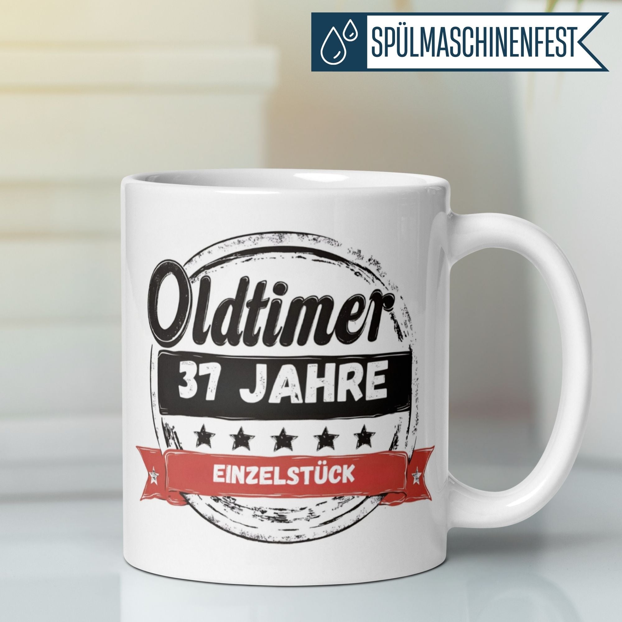 Oldtimer Tasse mit 37 Jahren Aufdruck, einzigartiges Geschenk zum Geburtstag für Oldtimer-Liebhaber.