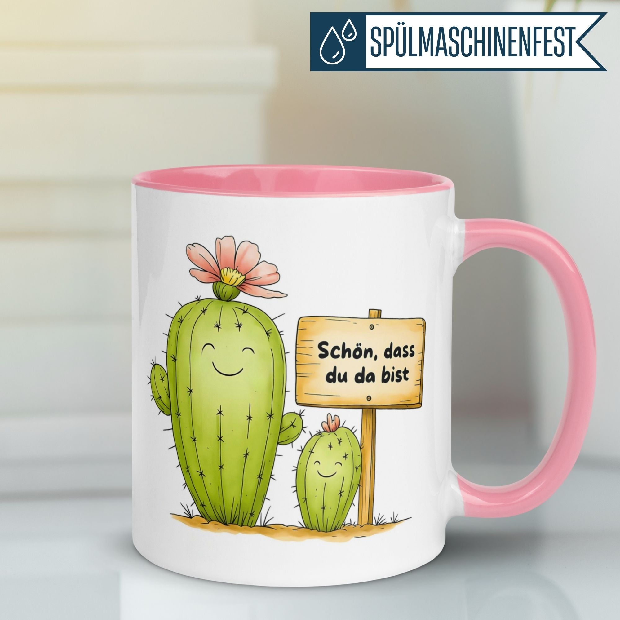 Momentals® Tasse mit Kaktus-Motiv und Spruch "Schön, dass du da bist" in rosa, perfekt für Wertschätzung.