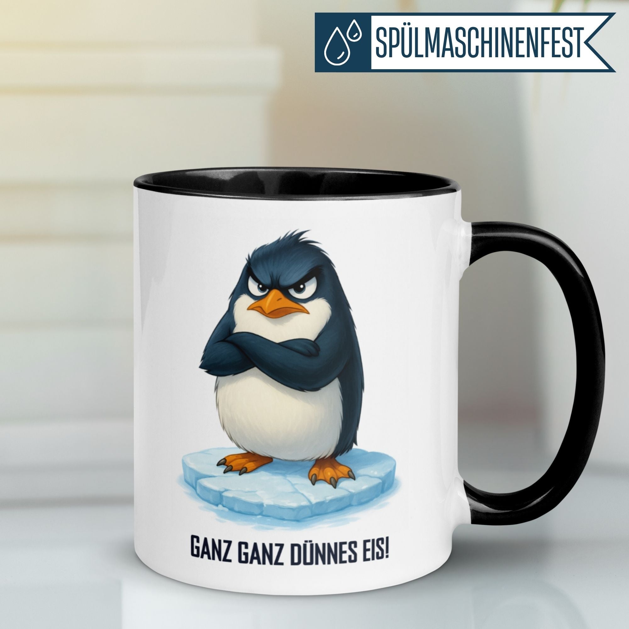 Momentals Tasse mit Pinguin-Motiv und Spruch "Ganz ganz dünnes Eis" für Morgenmuffel.