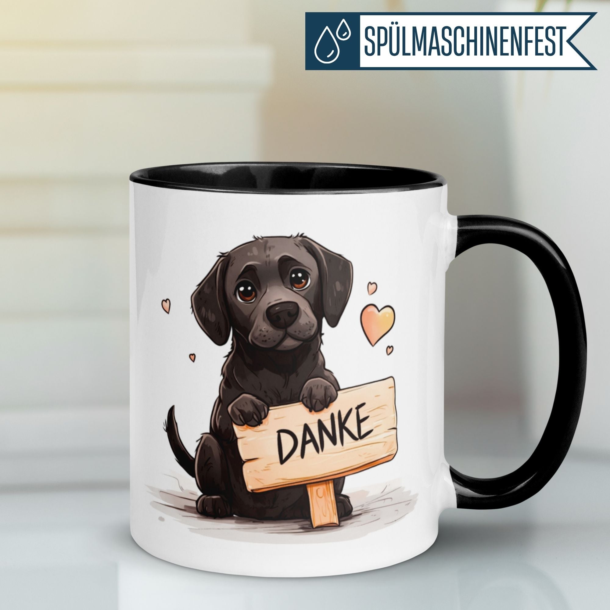 Schwarze Tasse mit Hundemotiv und 'Danke'-Schild, ideal für Wertschätzung und Dankeschöns.