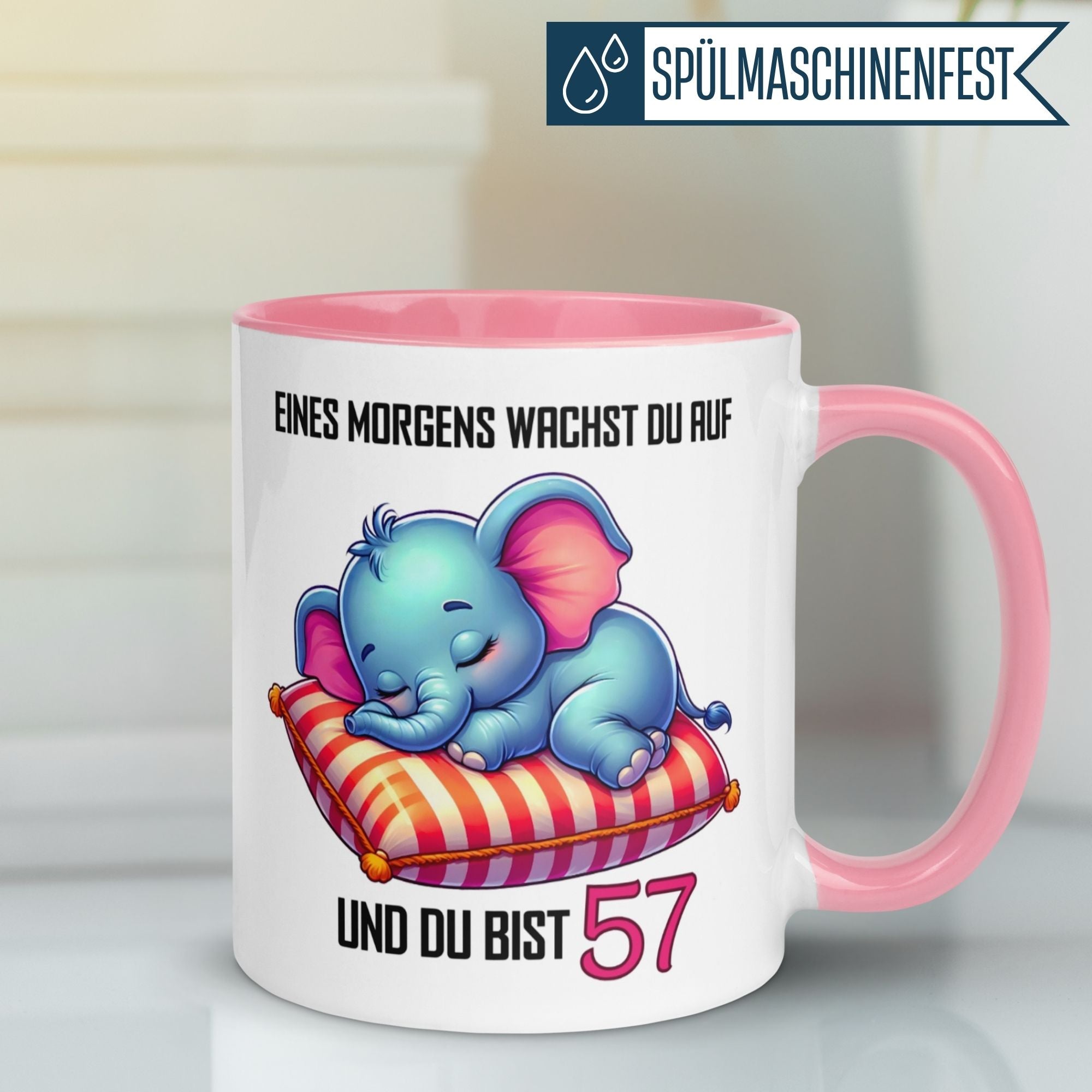 Momentals® Tasse zum 57. Geburtstag mit Elefant und Spruch: "Eines Morgens wachst du auf und du bist 57".