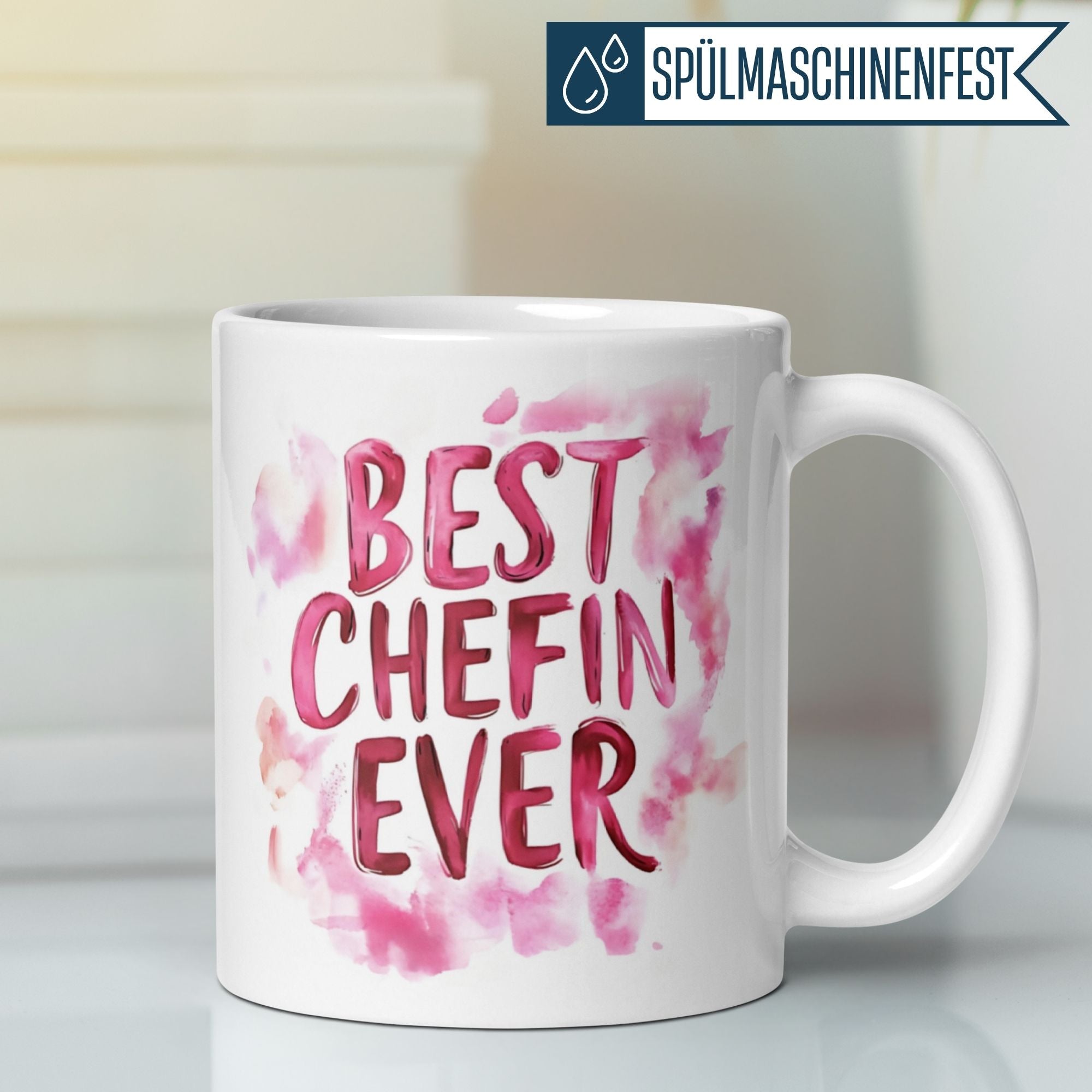 Momentals® Tasse mit Pink-Aquarelldesign "Best Chefin Ever" für Abschiedsgeschenke.