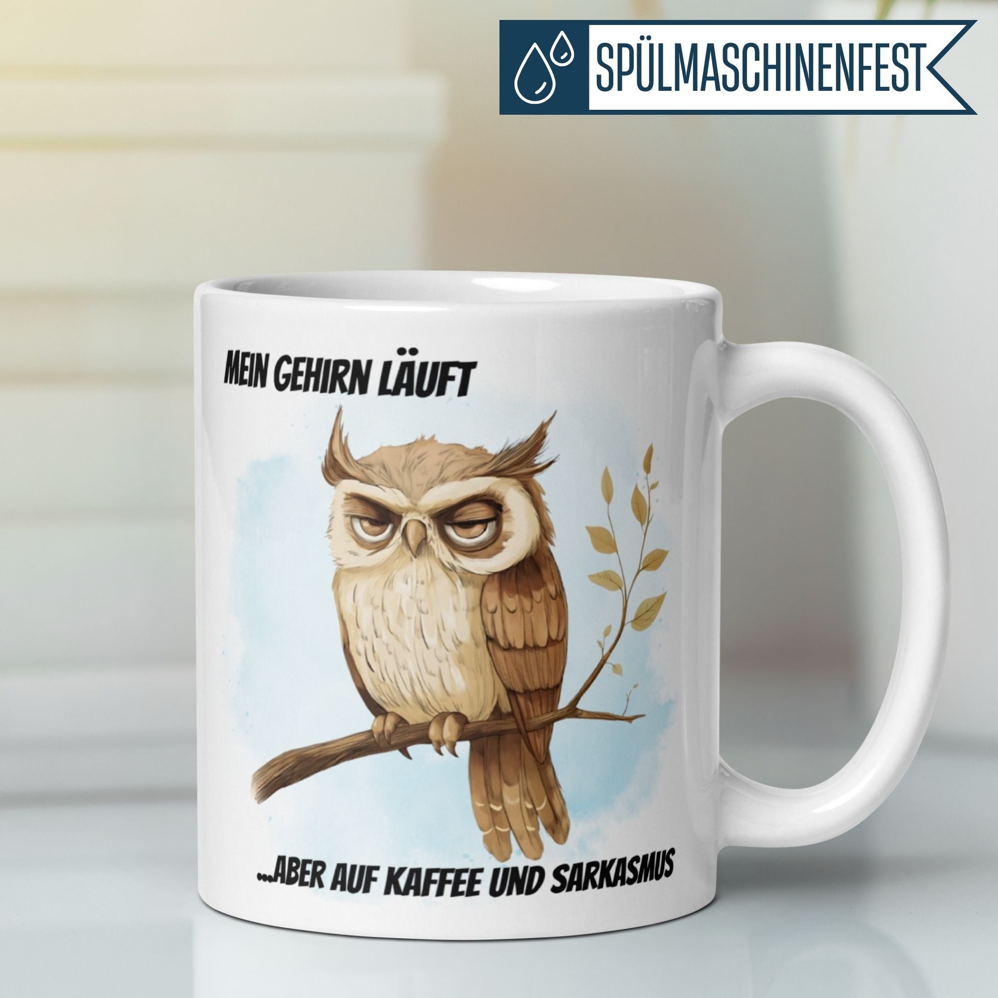 Momentals® Tasse | Eule & Sarkasmus | Mein Gehirn läuft auf Kaffee